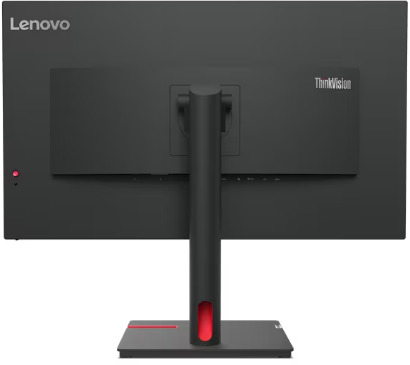 Rückansicht eines Lenovo ThinkVision Monitors, schwarz mit rotem Fuß und Ständer.