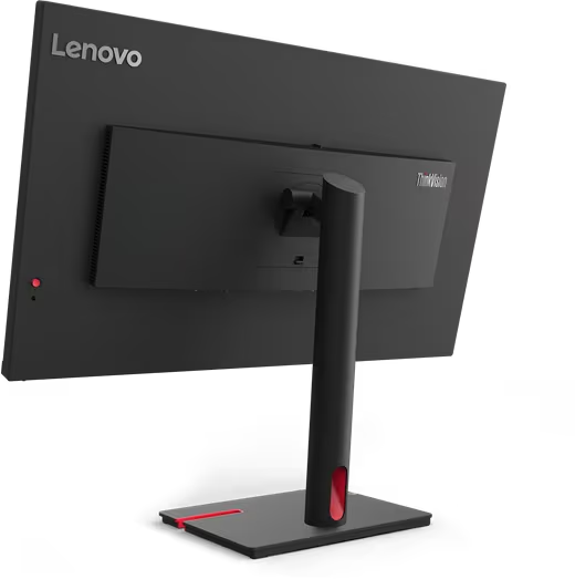 Lenovo-Monitor, Rückansicht. Schwarz, mit Ständer. Lenovo- und ThinkVision-Logos sichtbar.