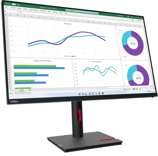 Der Monitor zeigt Diagramme an. Der Ständer ist schwarz mit einer roten Linie. Der Hintergrund ist schwarz.