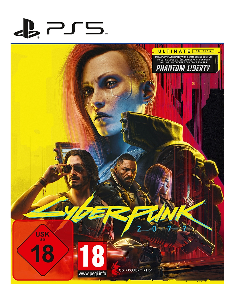 Couverture du jeu Cyberpunk 2077 Ultimate Edition PS5. Présente des personnages dans un cadre néon.