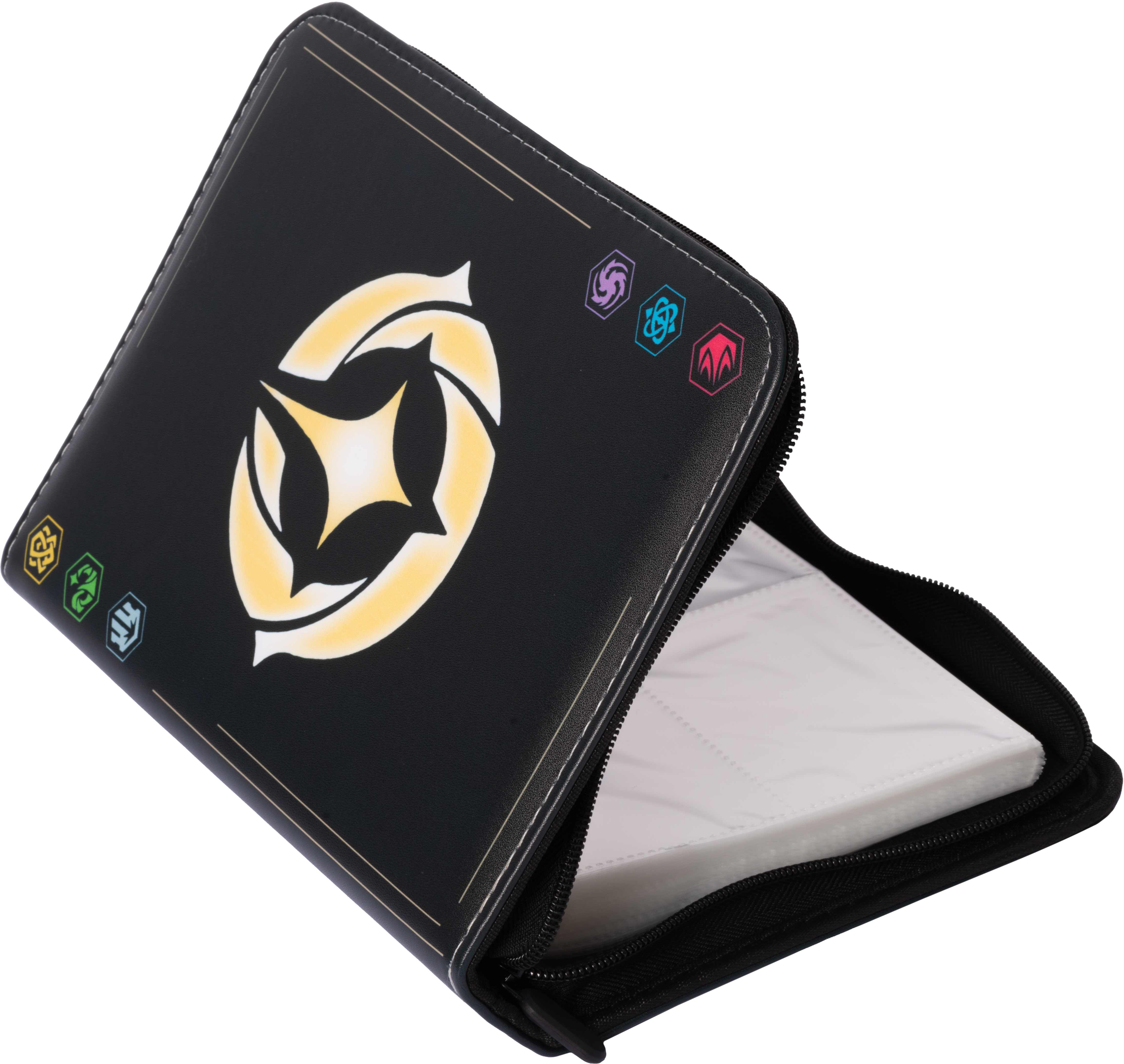 Custodia nera con zip e logo.