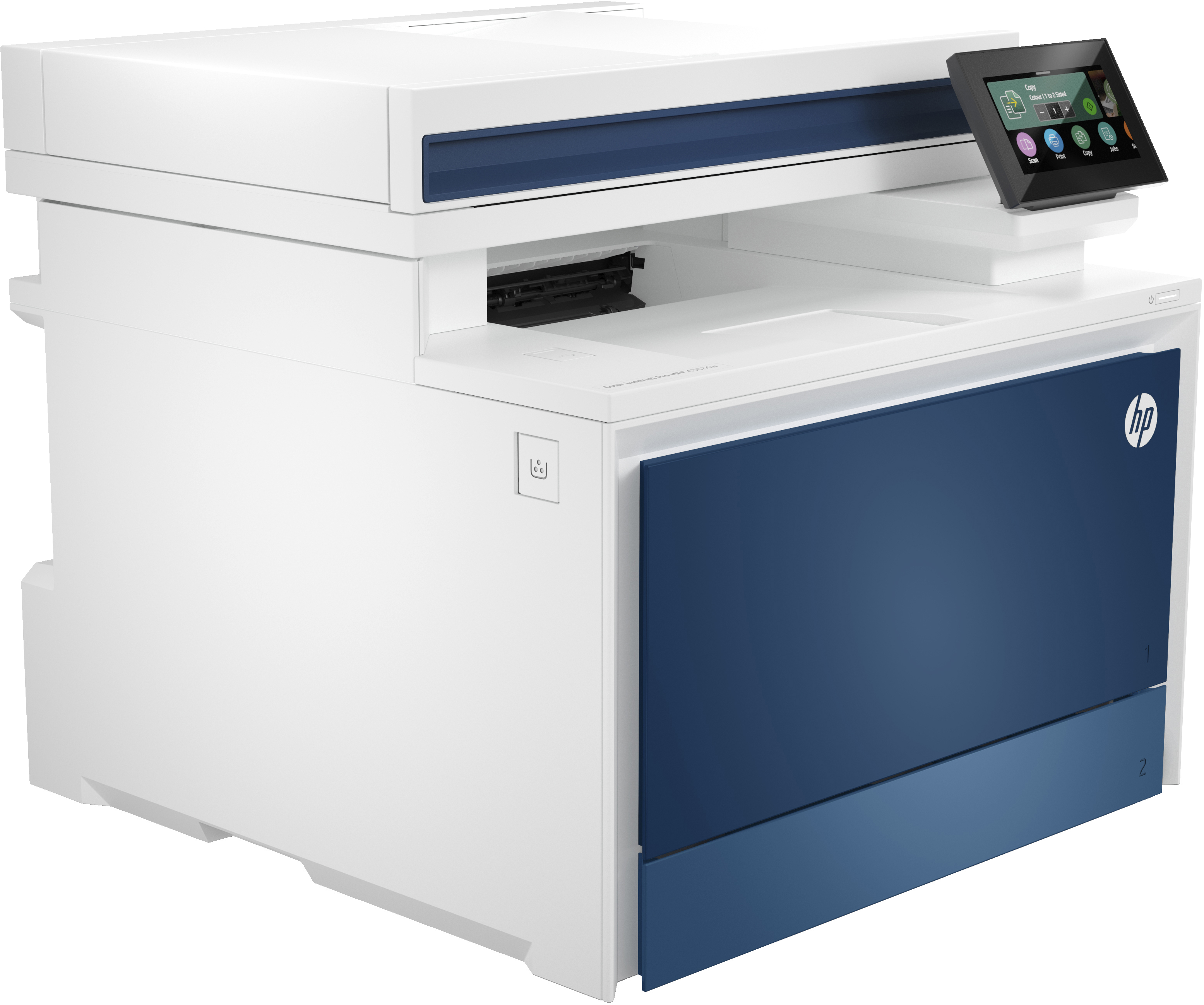Weiß-blauer HP-Drucker mit Touchscreen-Anzeige oben.