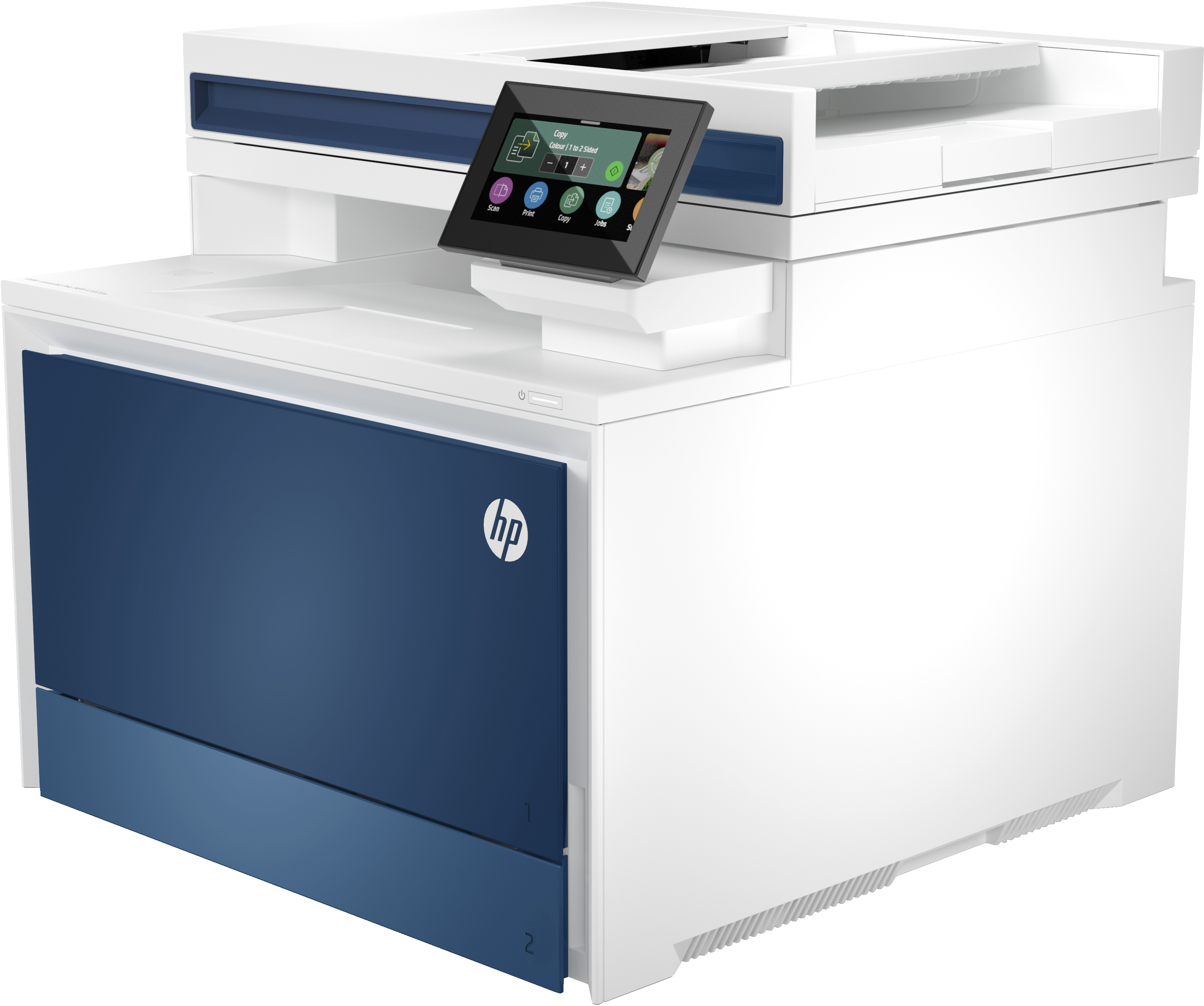 Weißer und blauer HP-Drucker mit Touchscreen-Oberfläche.