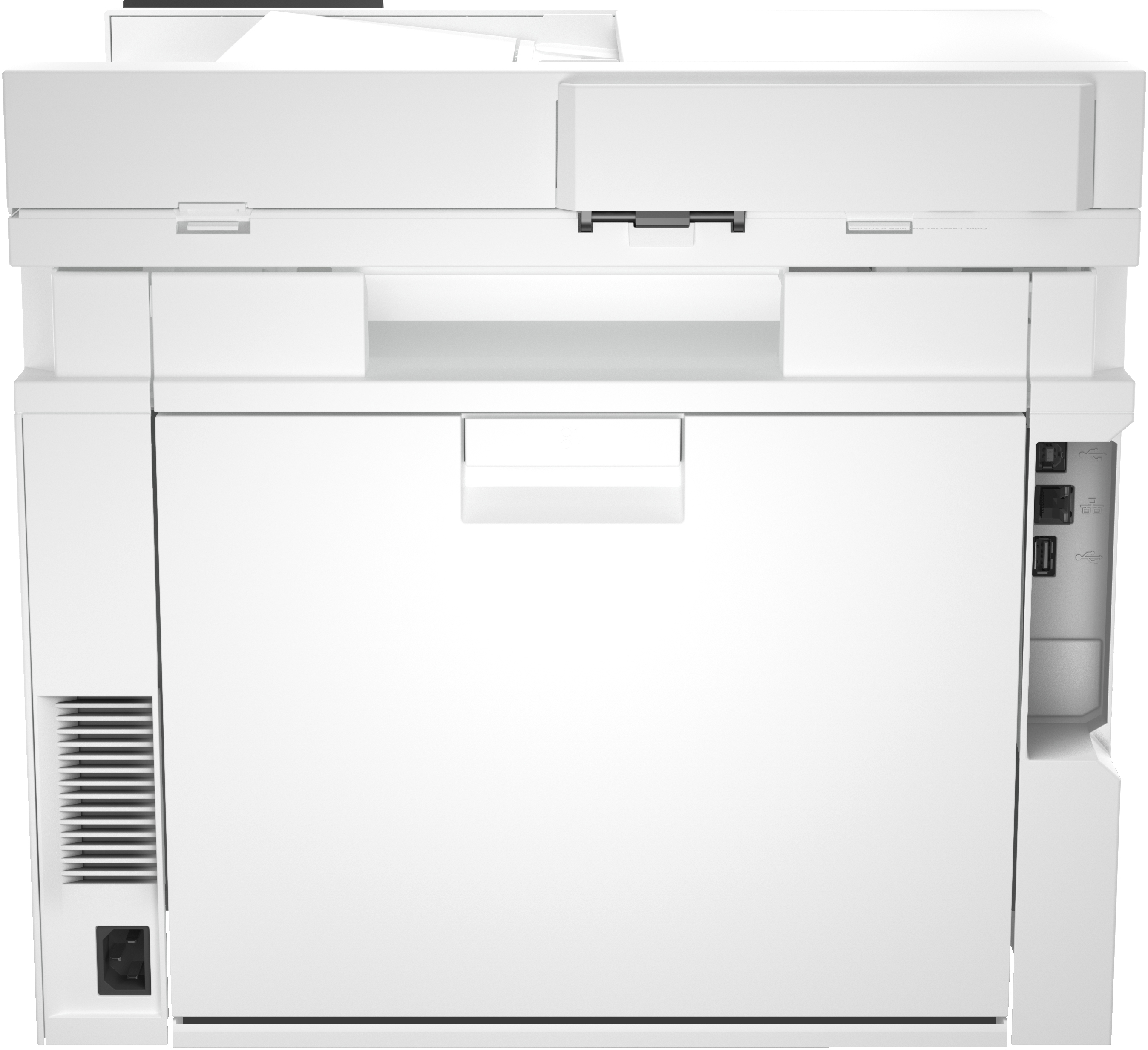 Ein weißer Drucker, Draufsicht, mit Papierschale und Knöpfen an der Seite. Der Hintergrund ist weiß.