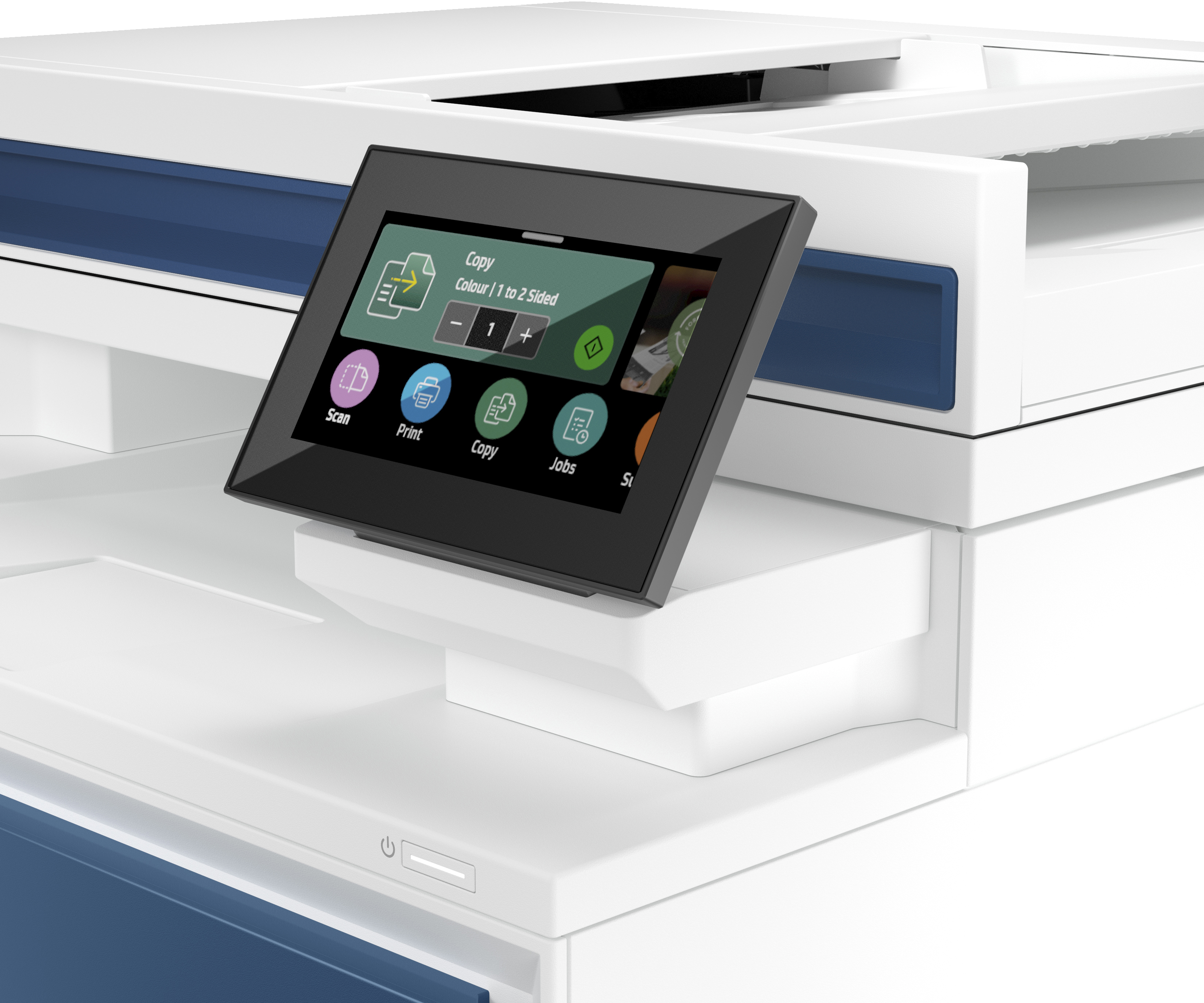 Multifunktionsdrucker mit Touchscreen-Display, das Kopieroptionen anzeigt.