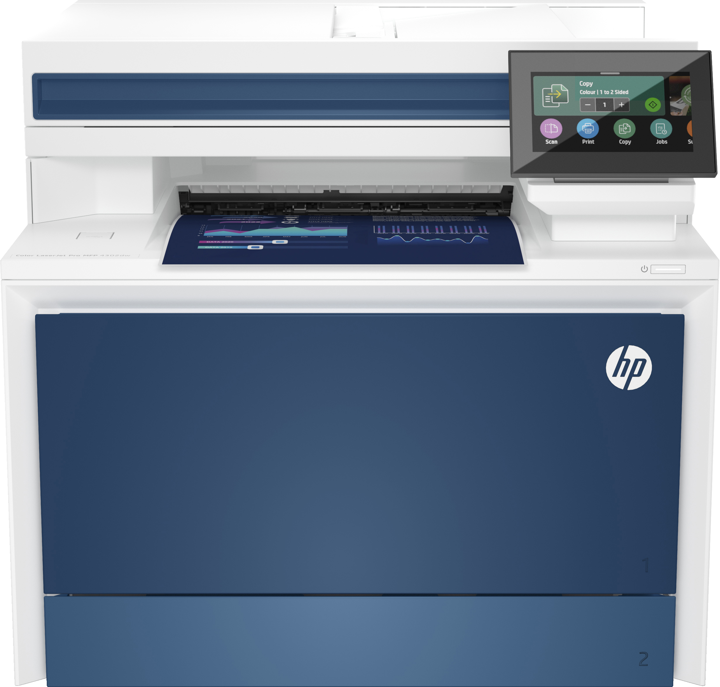 Weißer und blauer HP-Drucker. Ein Bildschirm zeigt Menüoptionen an. Der Drucker hat ein Papierfach und einen Scanner.