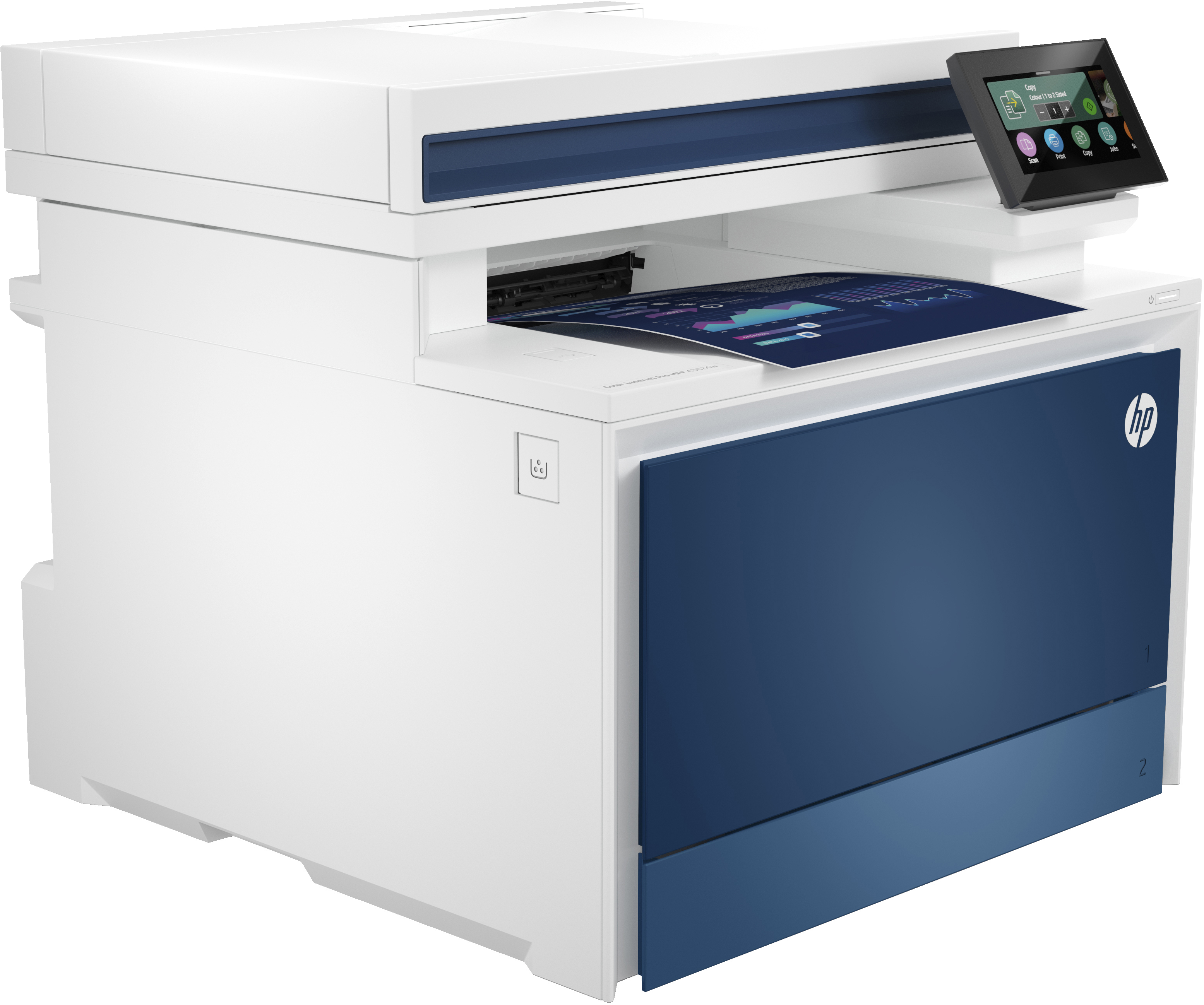 Weiß-blauer Drucker mit Touchscreen-Display und Papier.