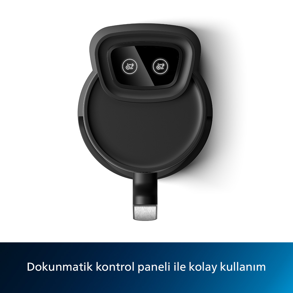 Siyah pişirme cihazı, üstten görünüm, dokunmatik kontrol paneli ve iki dairesel simge.