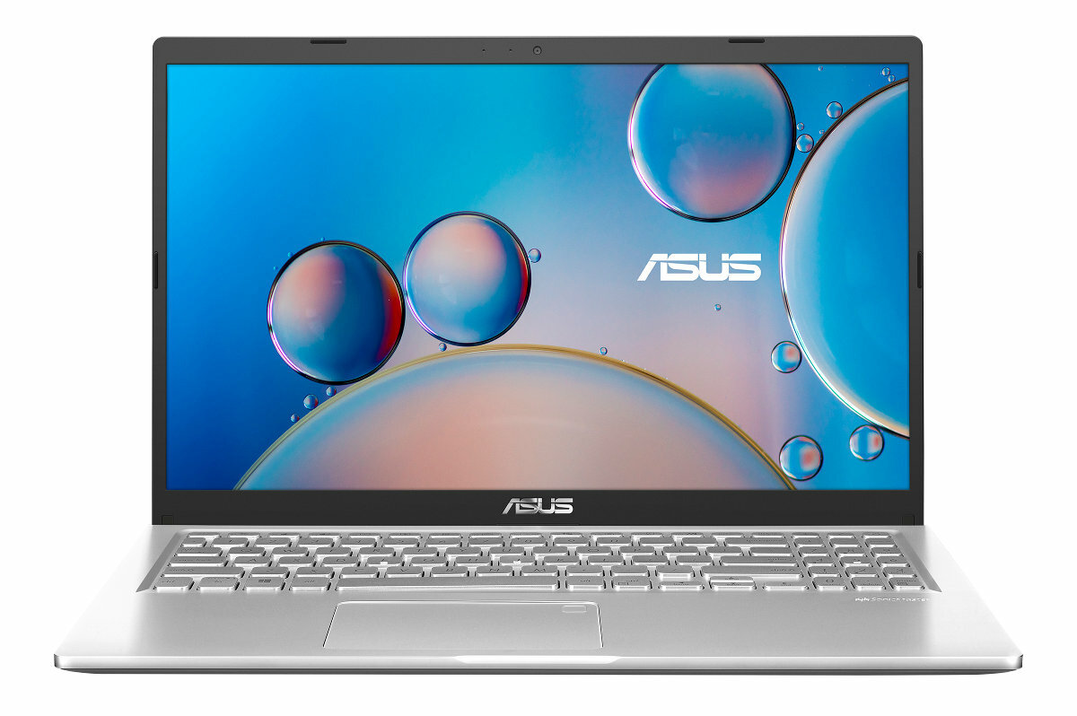 Srebrny laptop z ekranem pokazującym niebiesko-białe tło abstrakcyjne. Widoczne logo ASUS.