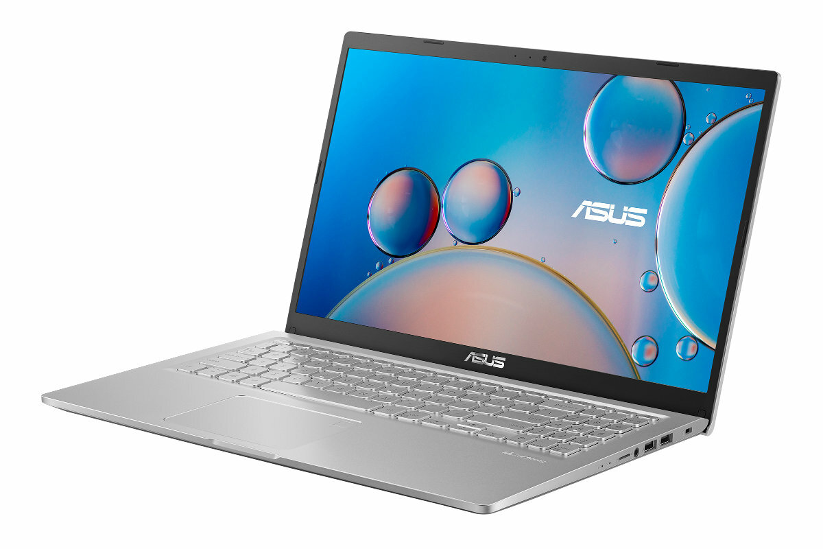 Srebrny laptop z otwartym ekranem, pokazujący niebiesko-biały abstrakcyjny wzór.