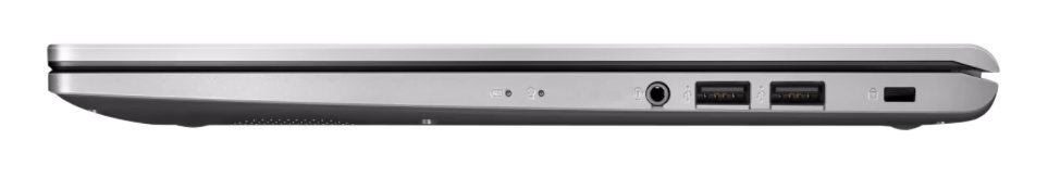Profil boczny srebrnego laptopa z portami. Dostępne są porty USB i audio.