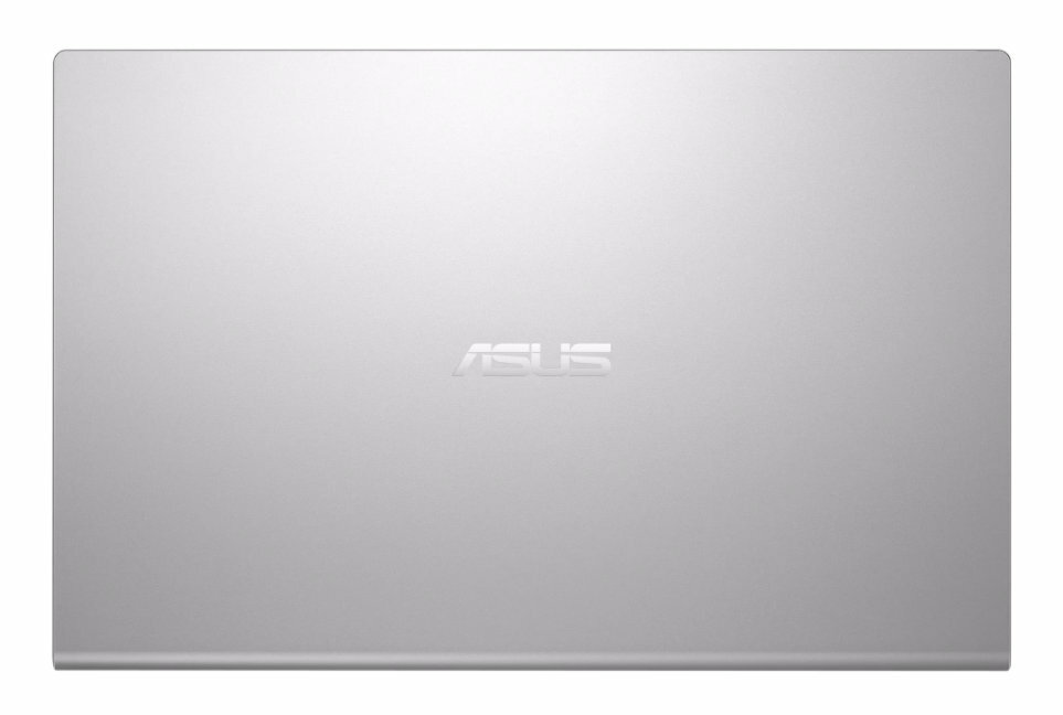 Srebrny laptop z logo ASUS na białym tle. Widok z góry na laptop.