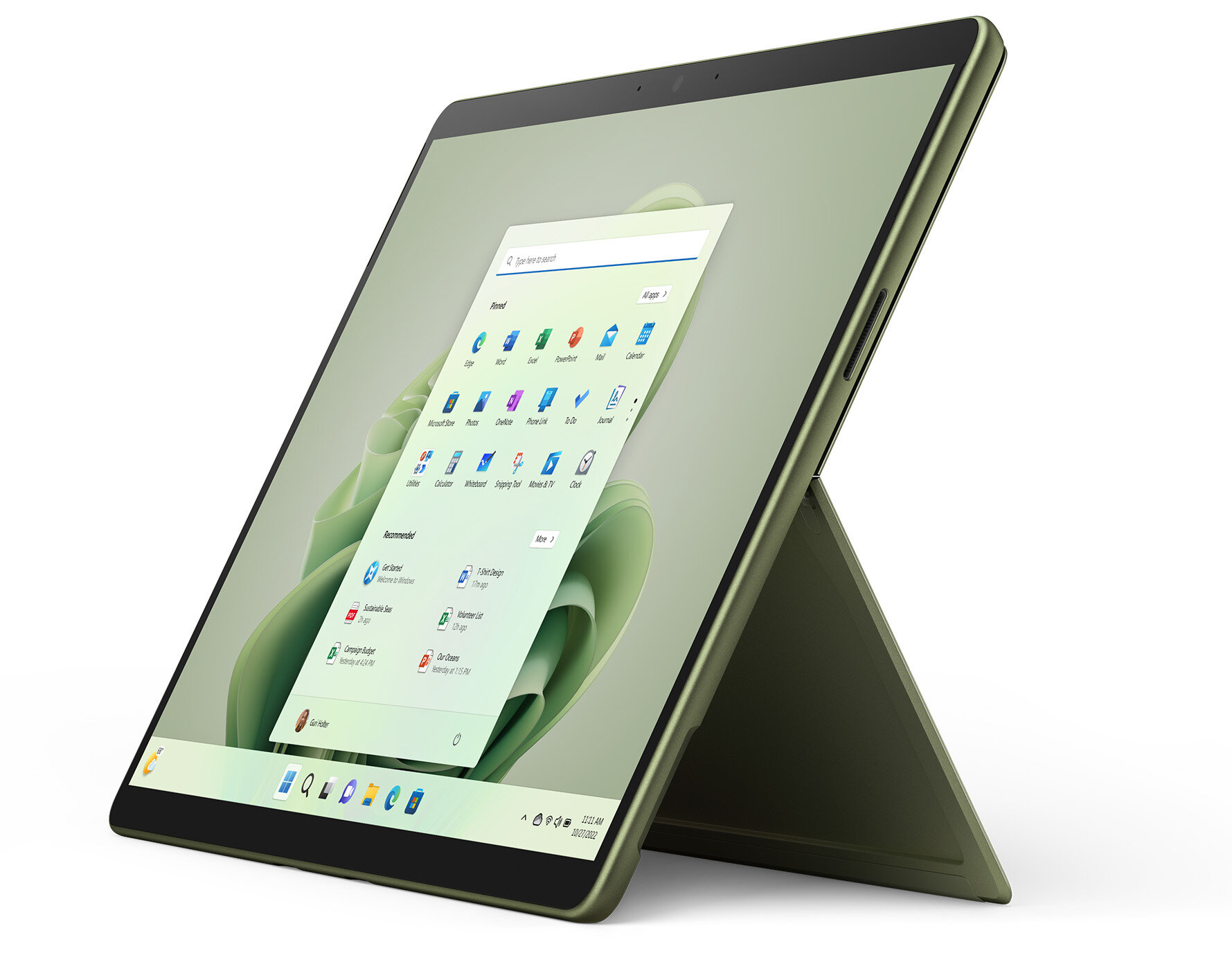 Zielony tablet z ekranem wyświetlającym interfejs Windows, na podstawce.