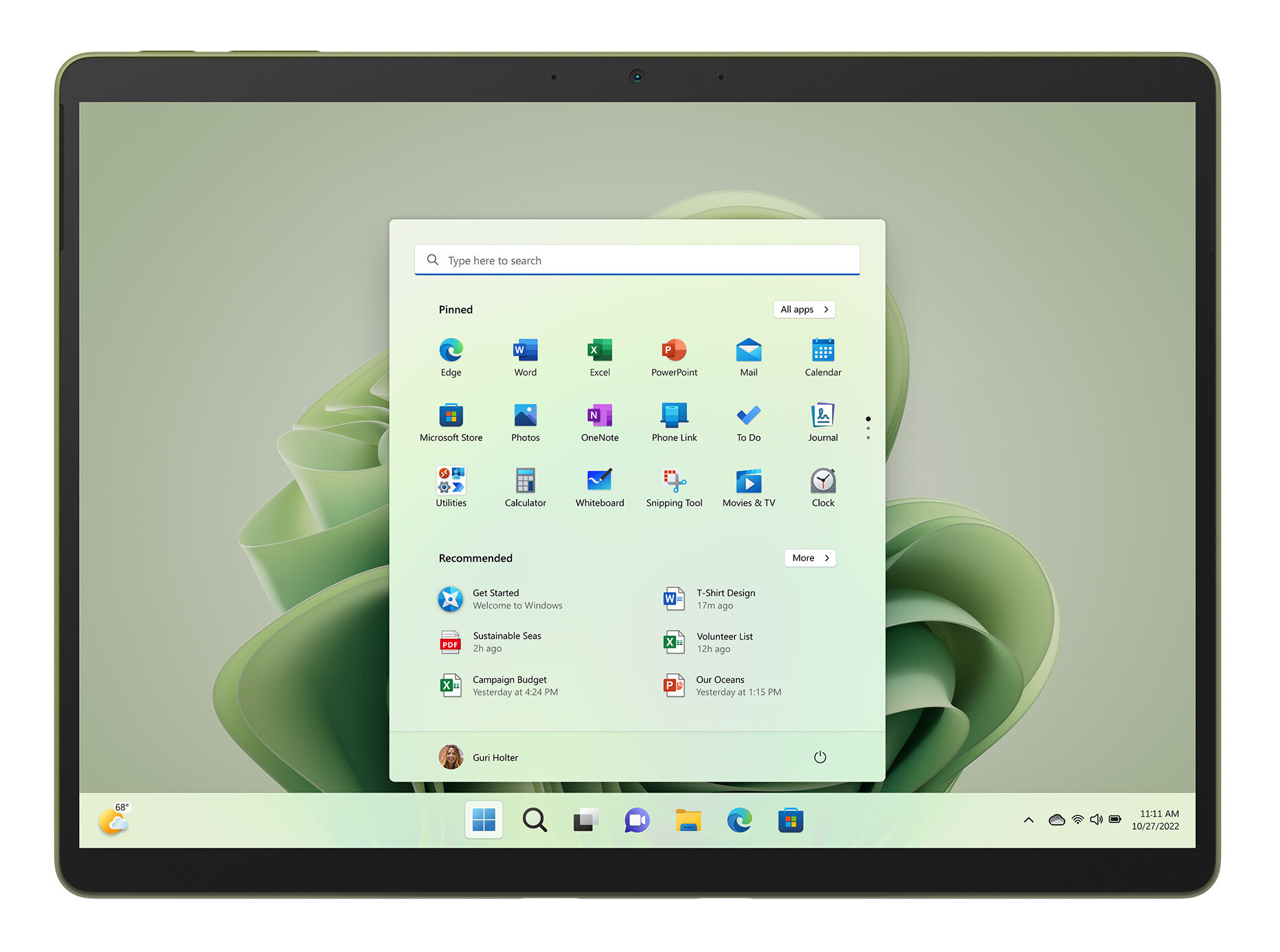 Tablet z interfejsem Windows 11, pokazujący menu aplikacji, pasek wyszukiwania i ikony.