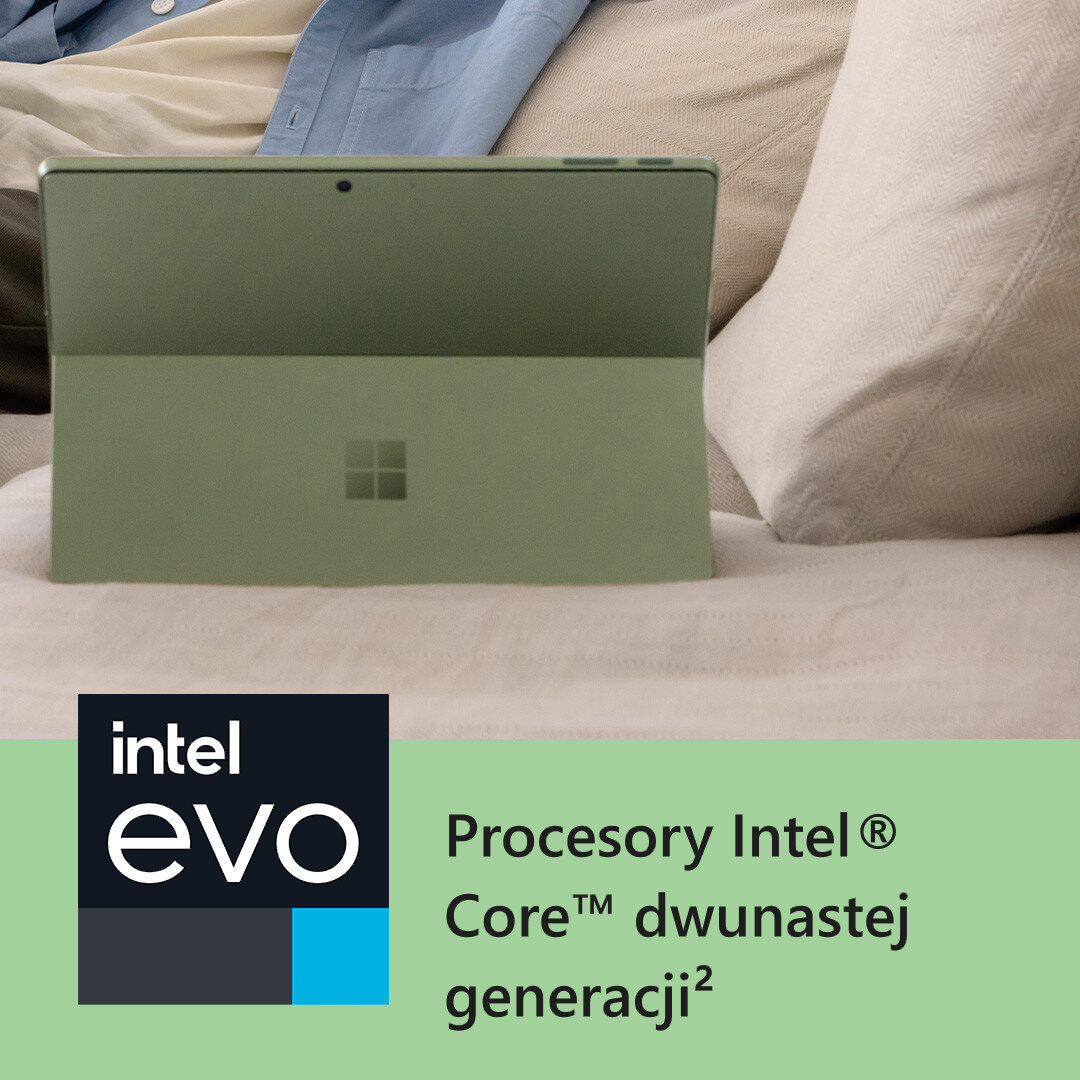 Laptop, częściowo otwarty, z logo Intel Evo i tekstem o procesorach Intel Core.