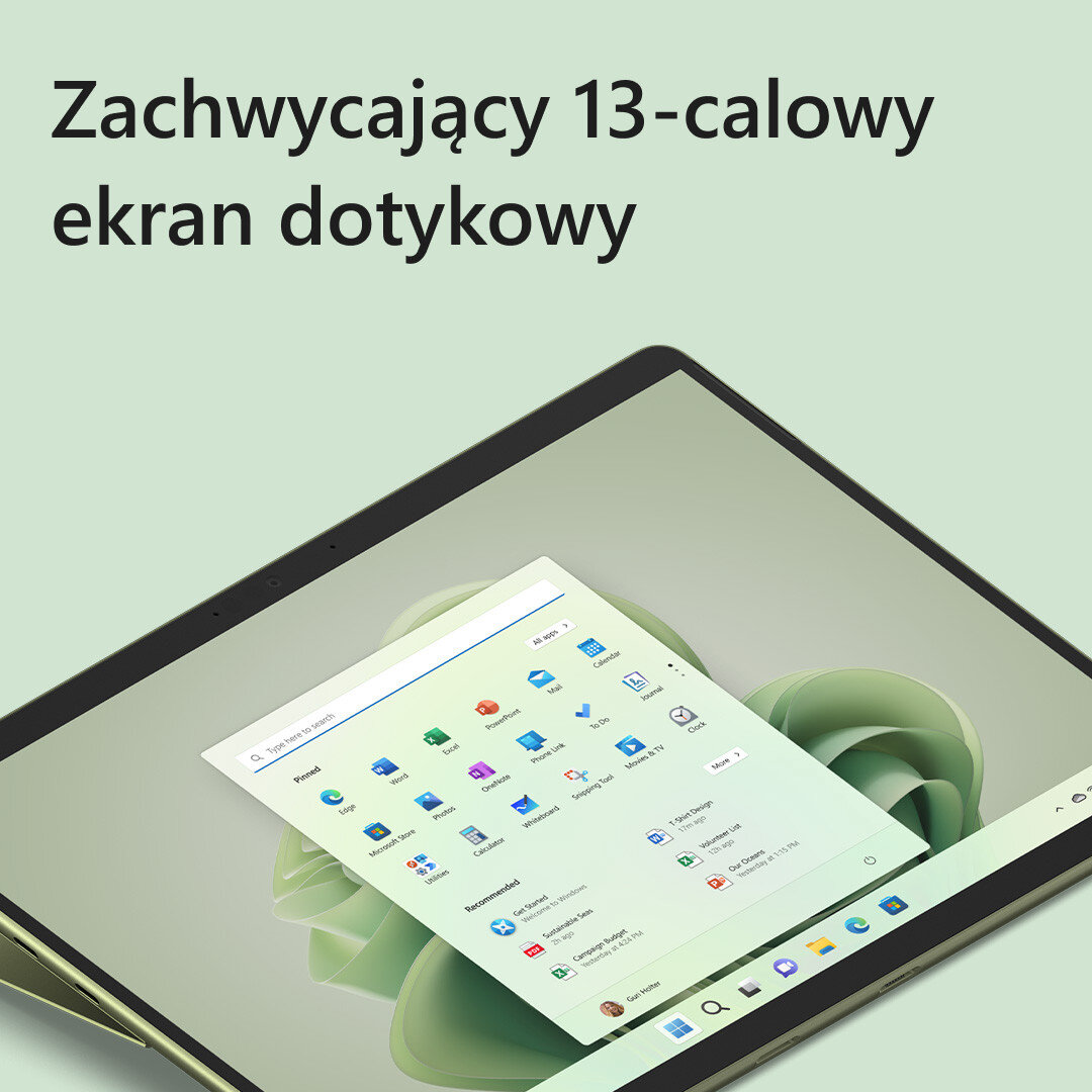 Ekran laptopa z interfejsem Windows, powyższy tekst brzmi 'Zachwycający 13-calowy ekran dotykowy'.