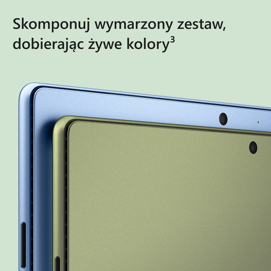 Dwa tablety, jeden niebieski, drugi zielony, ułożone jeden na drugim. Widoczny tekst po polsku.