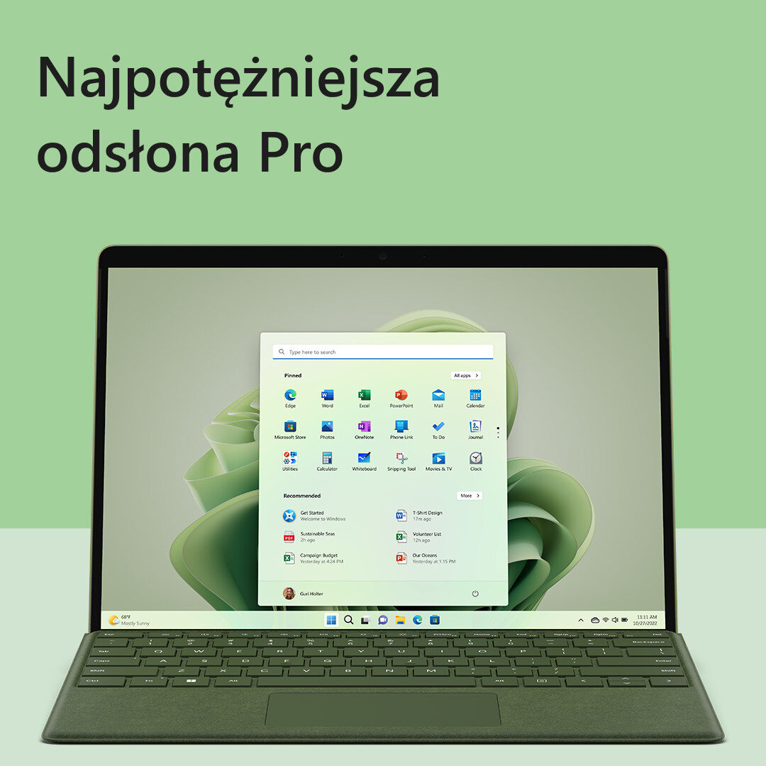 Laptop Surface Pro z zieloną klawiaturą i ekranem, zielone tło.