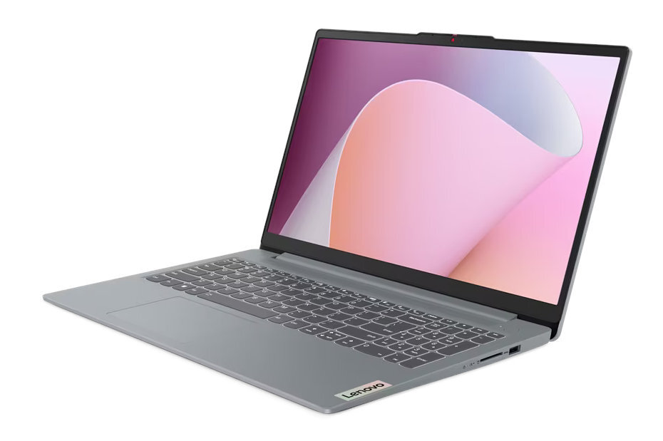 Szary laptop otwarty. Ekran wyświetla różowy, biały i fioletowy obraz abstrakcyjny.