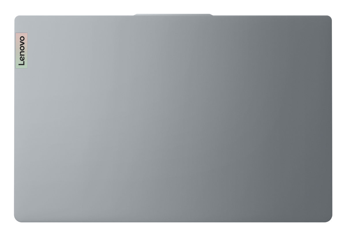 Widok z góry szarego laptopa Lenovo z logo w lewym górnym rogu. Białe tło.
