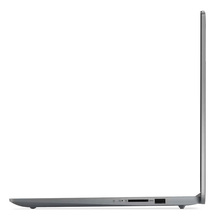 Szary laptop, widok z boku, zamknięty, pokazujący krawędź z portami.