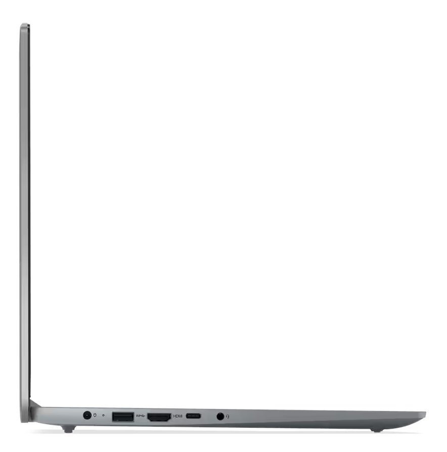 Widok z boku srebrnego laptopa. Pokazuje porty, w tym USB, HDMI i gniazdo słuchawkowe. Białe tło.