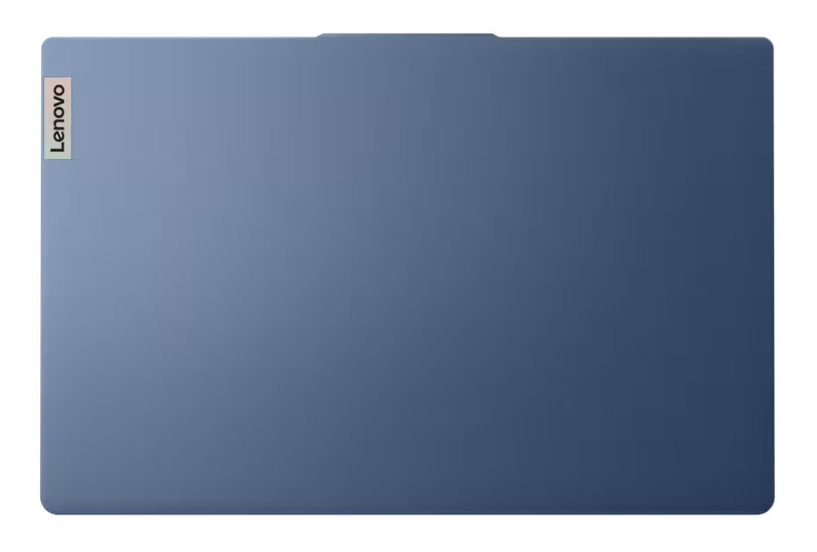 Niebieski laptop, widok z góry, z logo Lenovo w lewym górnym rogu.