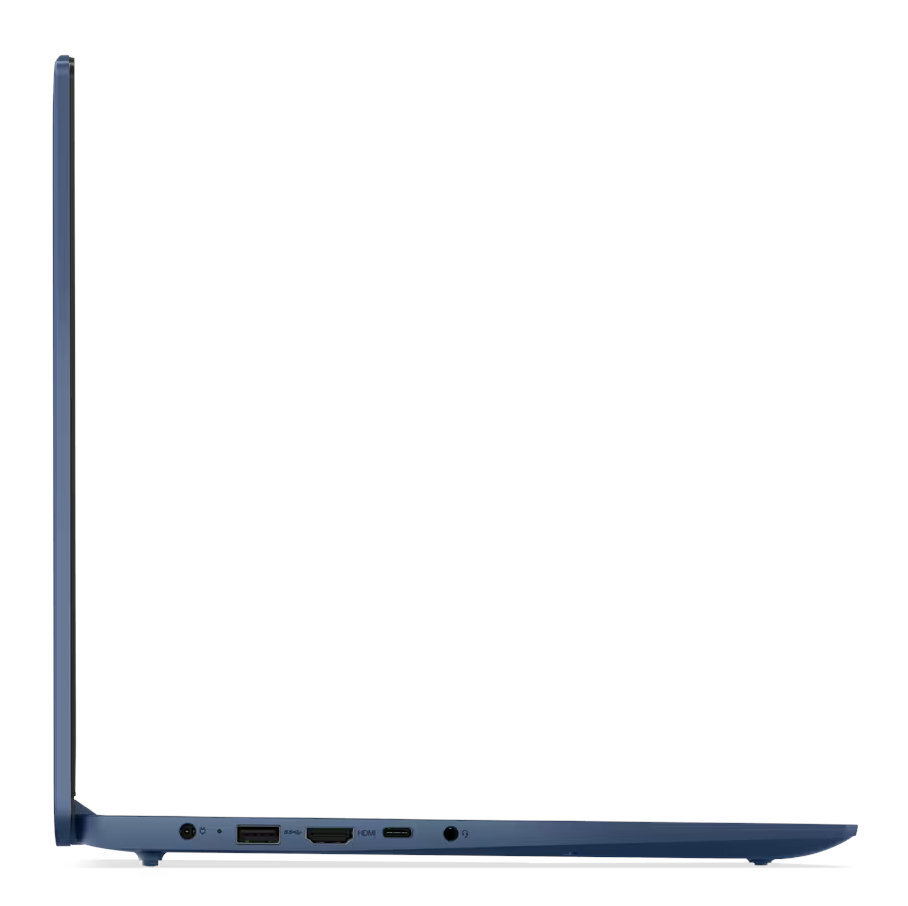 Widok z boku niebieskiego laptopa na białym tle. Pokazuje porty i zawias.