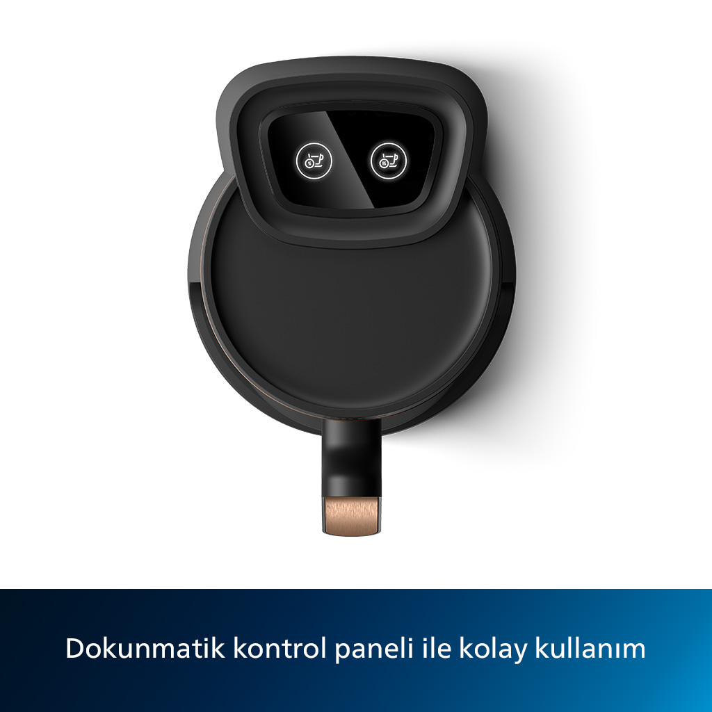 Siyah hava fritözü, yukarıdan görünüm. Üstte iki kontrol simgesi. Metin: dokunmatik panel ile kolay kullanım.