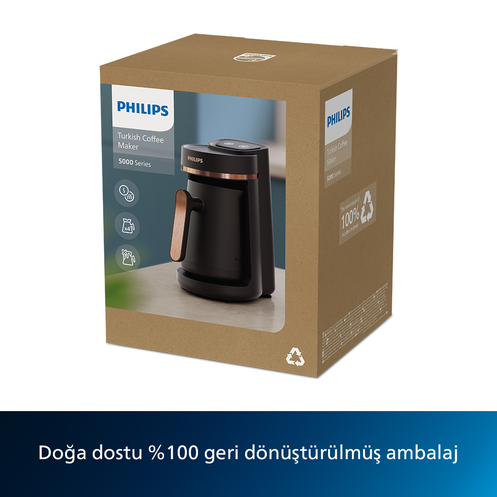 Kahve makinesi, önünde kahve makinesinin resmi olan kahverengi bir kutuda.