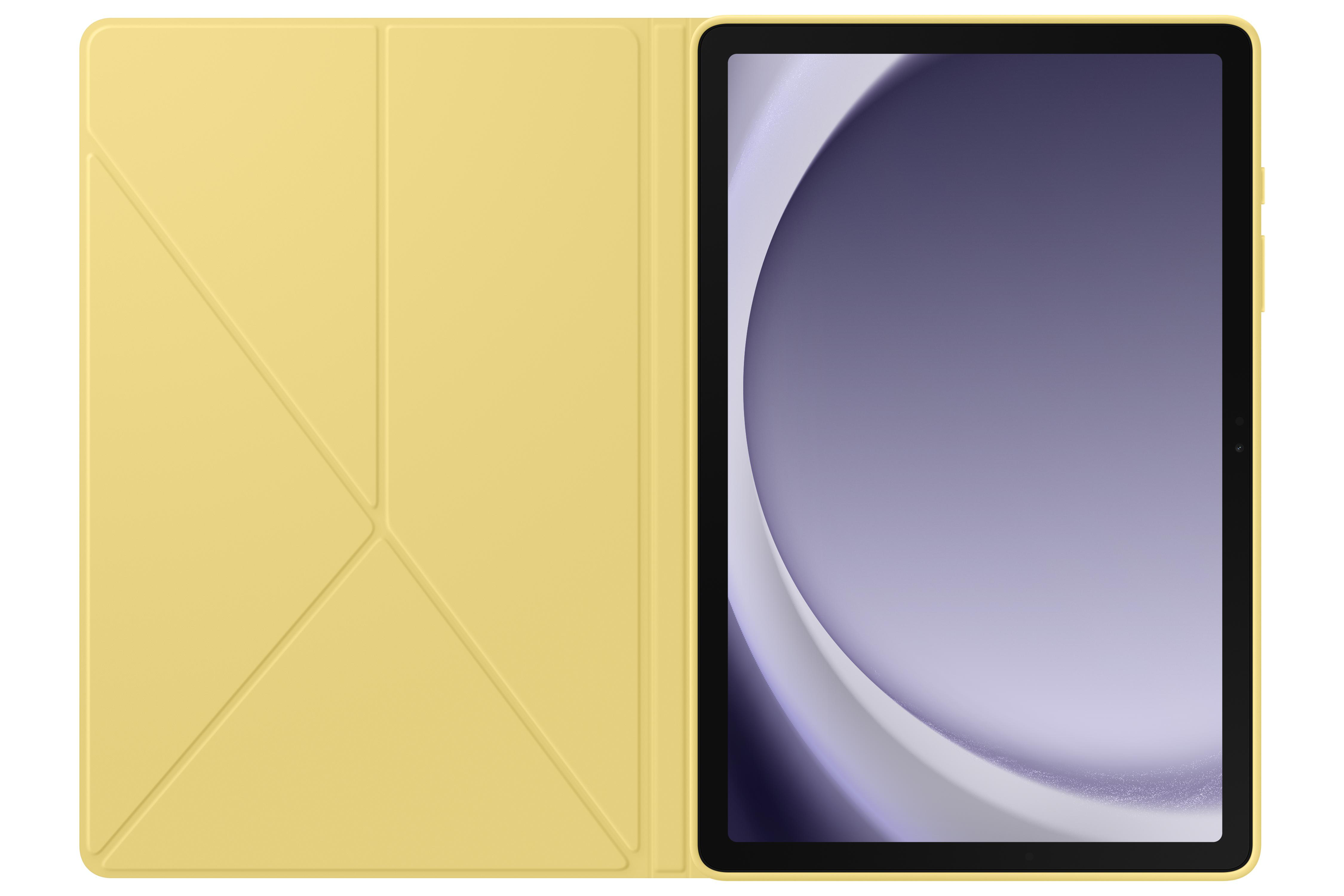 Ein gelbes Tablet mit einem faltbaren gelben Cover, offen auf einer weißen Oberfläche, das einen Bildschirm zeigt.