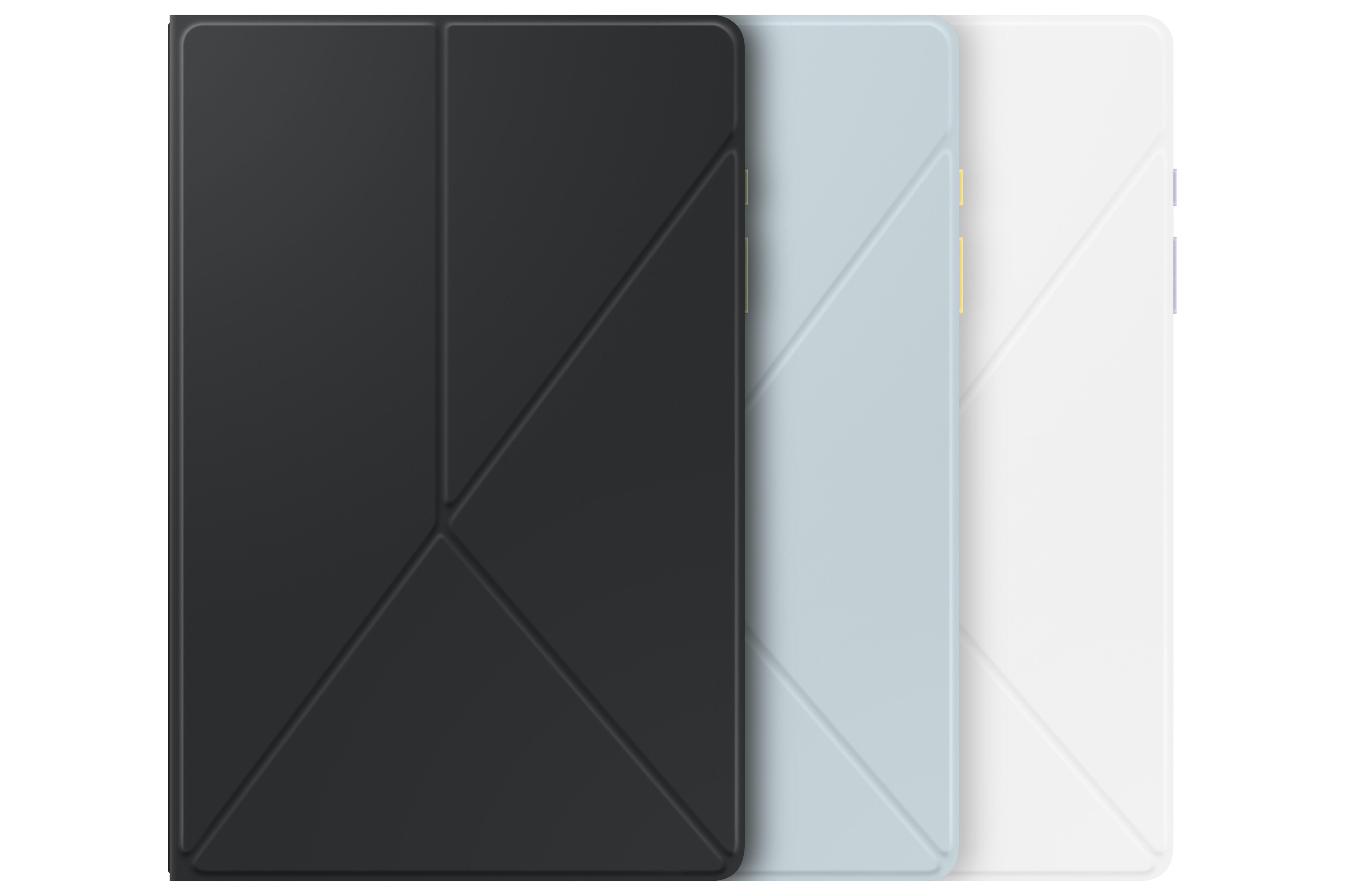 Drei Tablet-Hüllen. Schwarz, hellblau und weiß. Dreieckiges Design. Weißer Hintergrund.