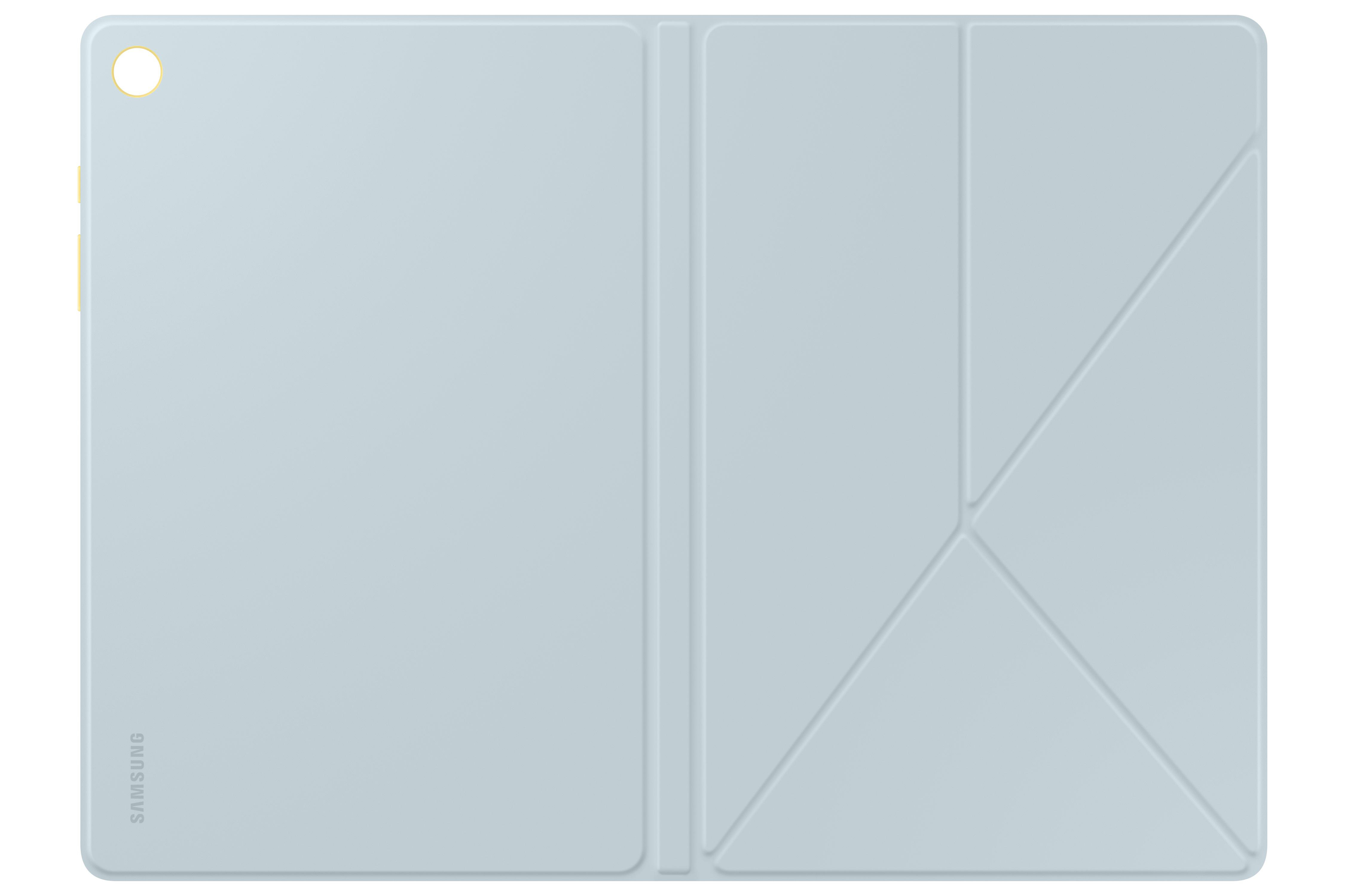 Hellblaues Tablet-Case geöffnet, Rückseite des Tablets sichtbar. Schlichtes, geometrisches Design.