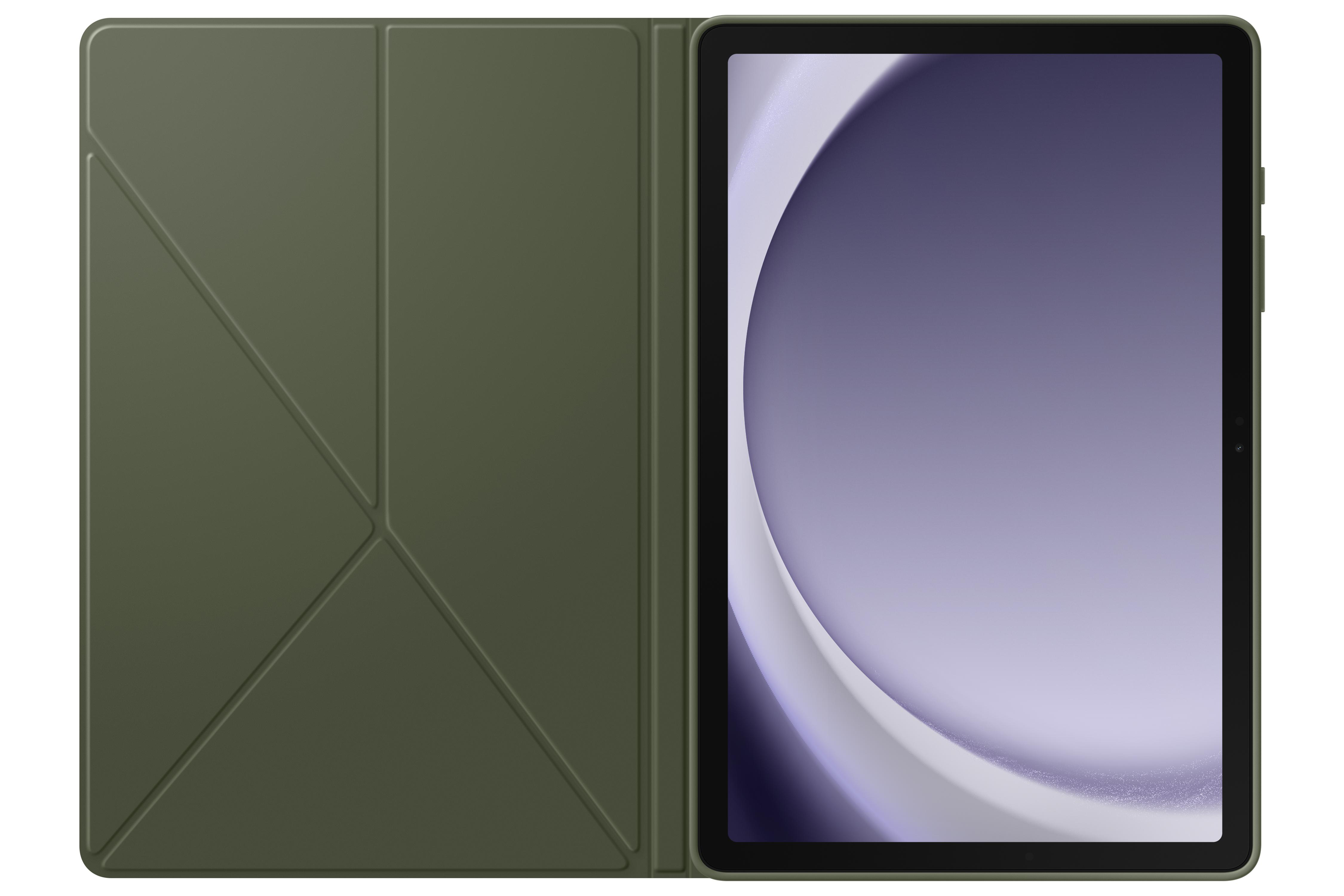 Olivgrüne Tablet-Hülle geöffnet, zeigt das Tablet. Die Hülle hat ein Dreieck-Design.