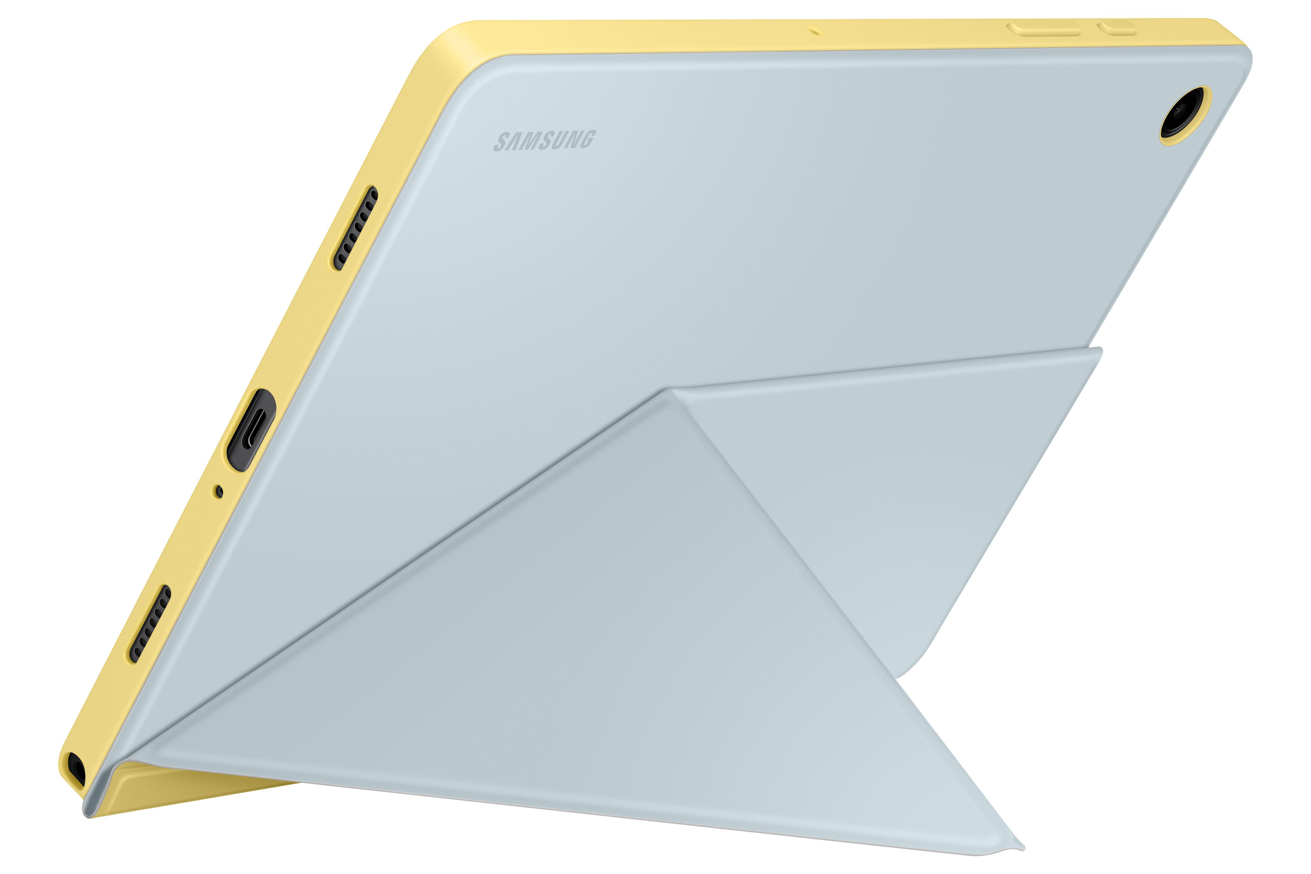 Tablet in gelbem Gehäuse, gestützt von einer faltbaren Hülle. Samsung-Logo sichtbar.