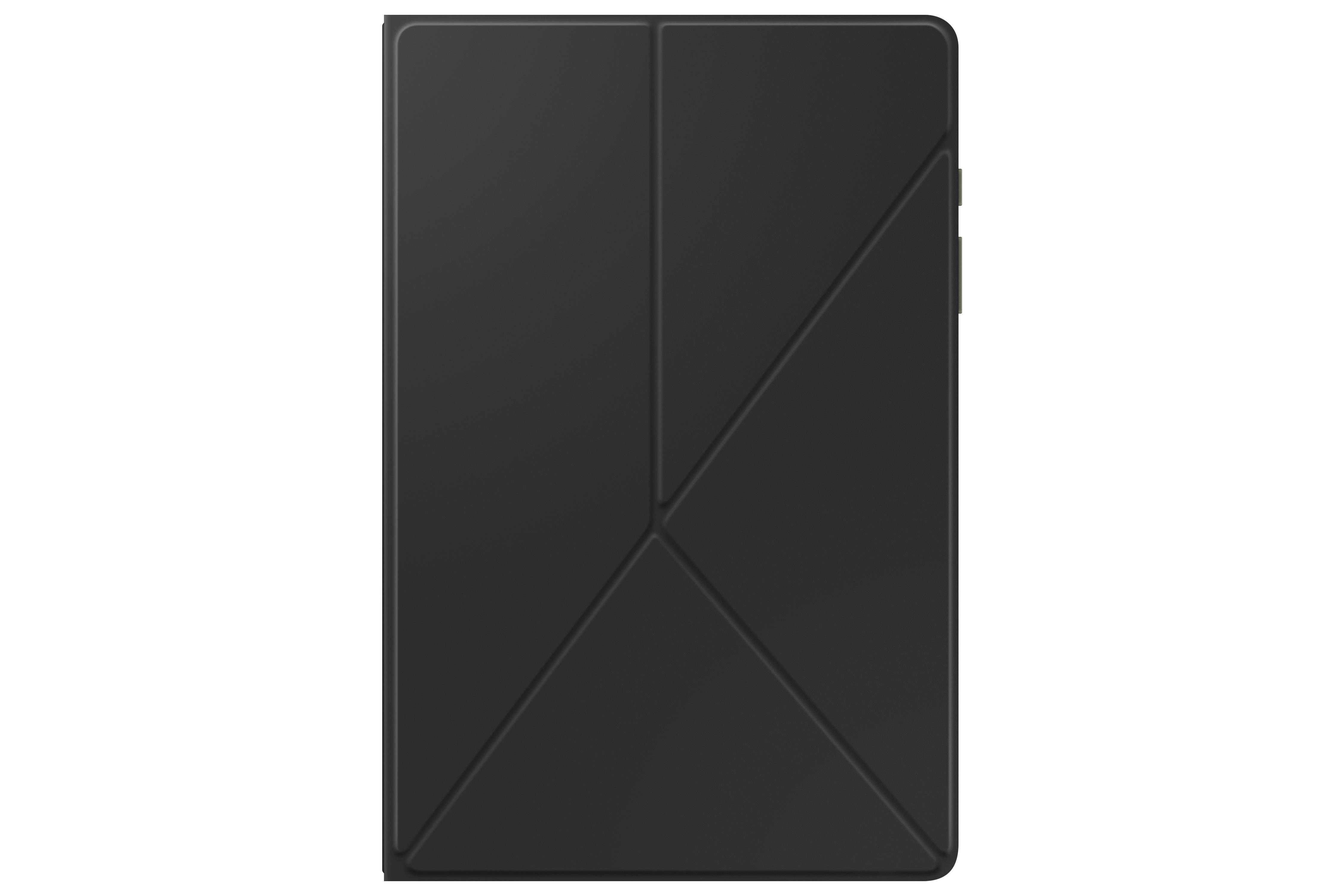 Schwarze Tablethülle auf weißem Hintergrund. Die Hülle hat ein geometrisches Faltdesign.