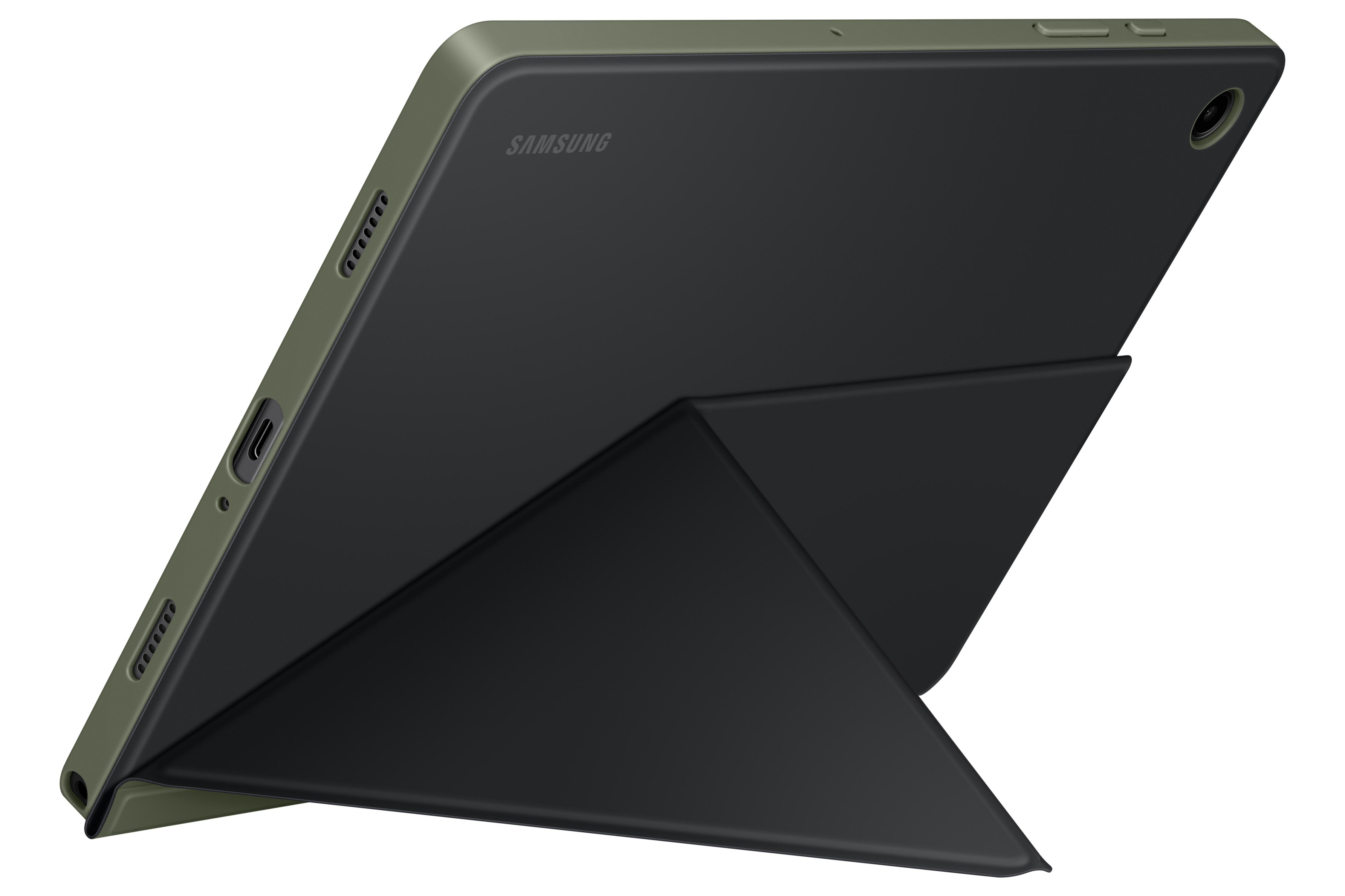 Tablet mit schwarzer Hülle und Ständer. Der Markenname Samsung ist sichtbar.