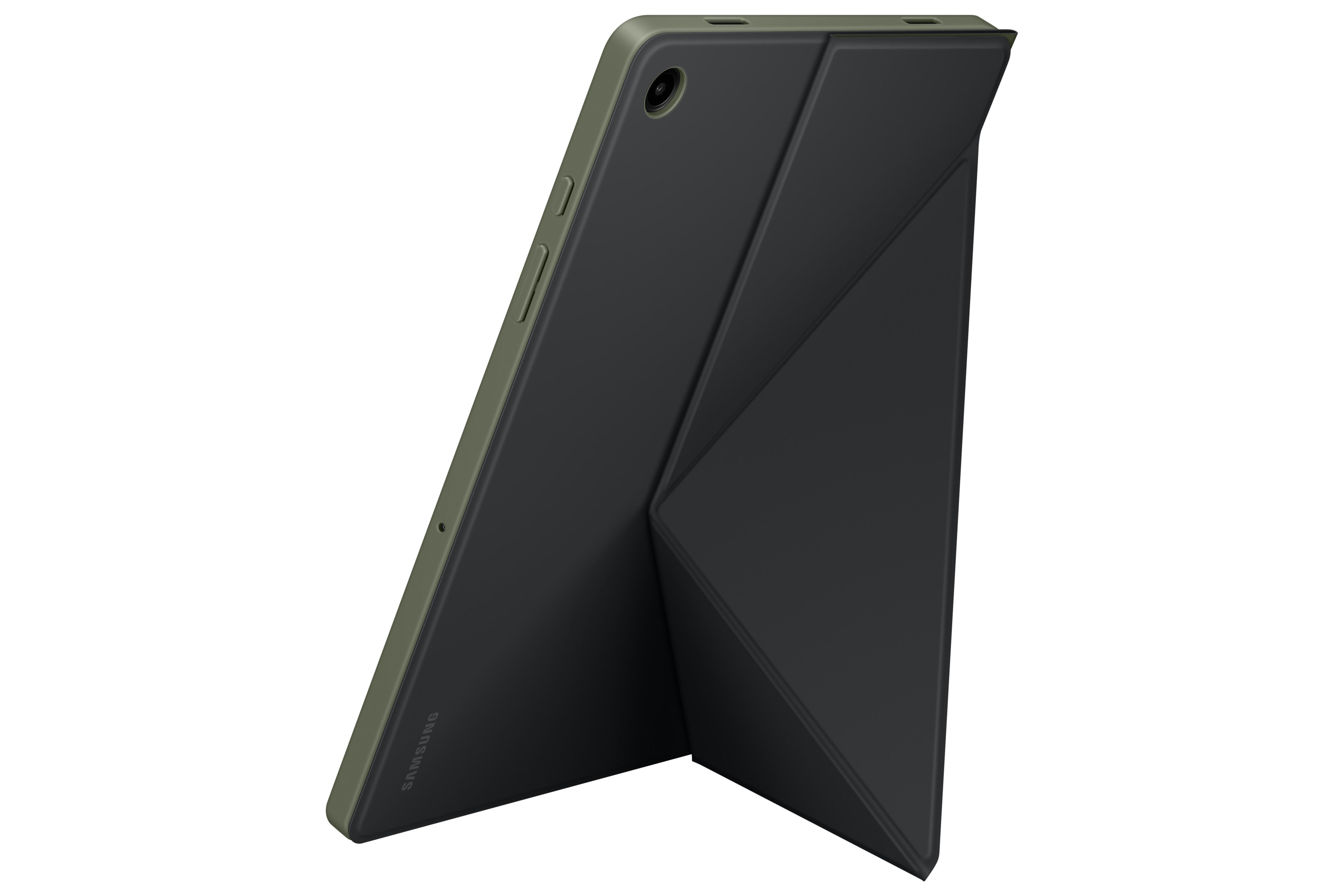 Olivgrünes Tablet in einer Hülle, zum Betrachten aufgestellt.