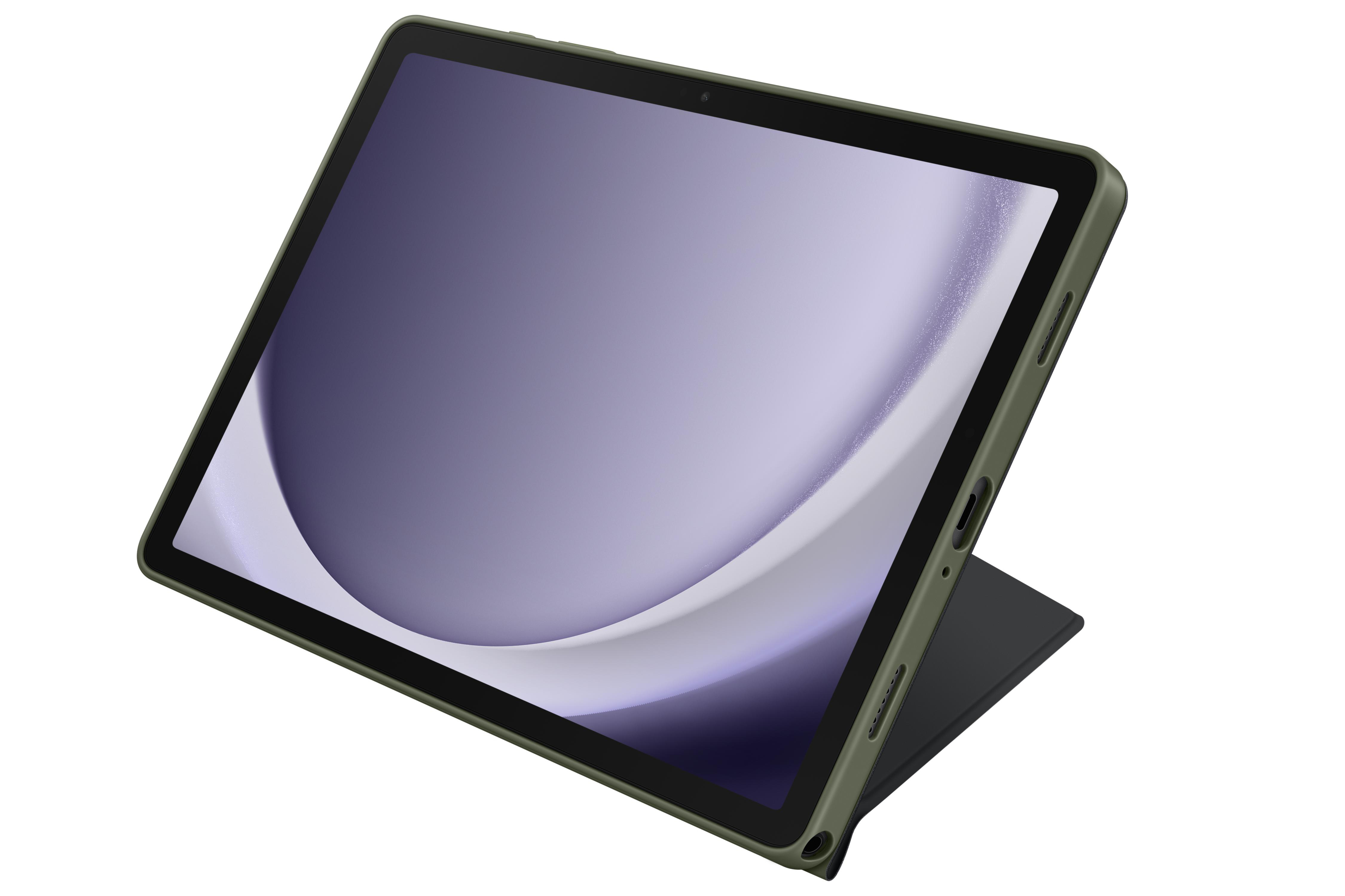 Ein Tablet in einem Gehäuse, abgewinkelt, mit einem Bildschirm, der ein geschwungenes Design zeigt.