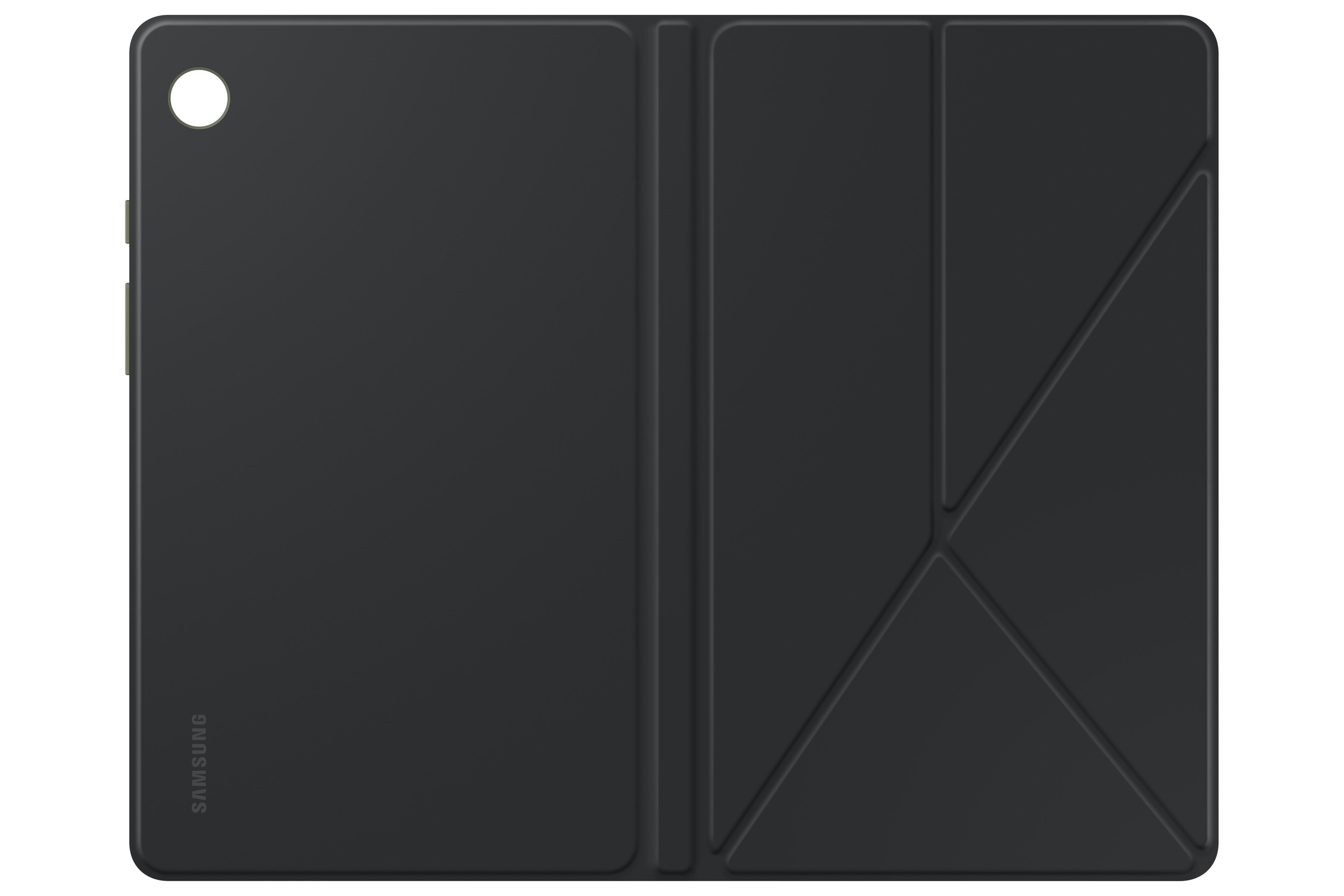 Schwarze Tablet-Hülle offen. Zeigt ein dunkles, geometrisches Muster. Samsung-Logo sichtbar.