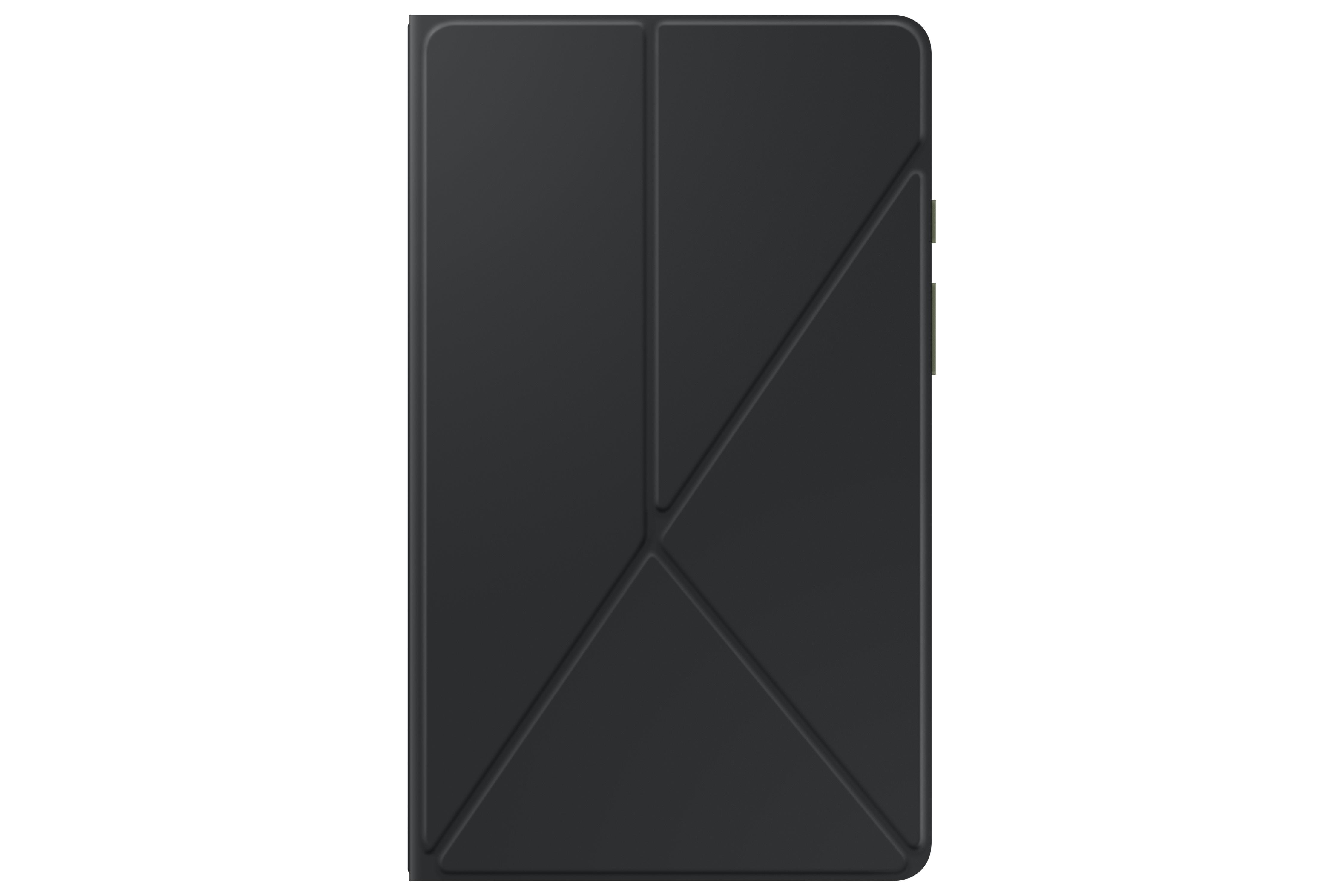 Schwarze Tablet-Hülle, gefaltet. Geometrisches Muster sichtbar. Draufsicht.