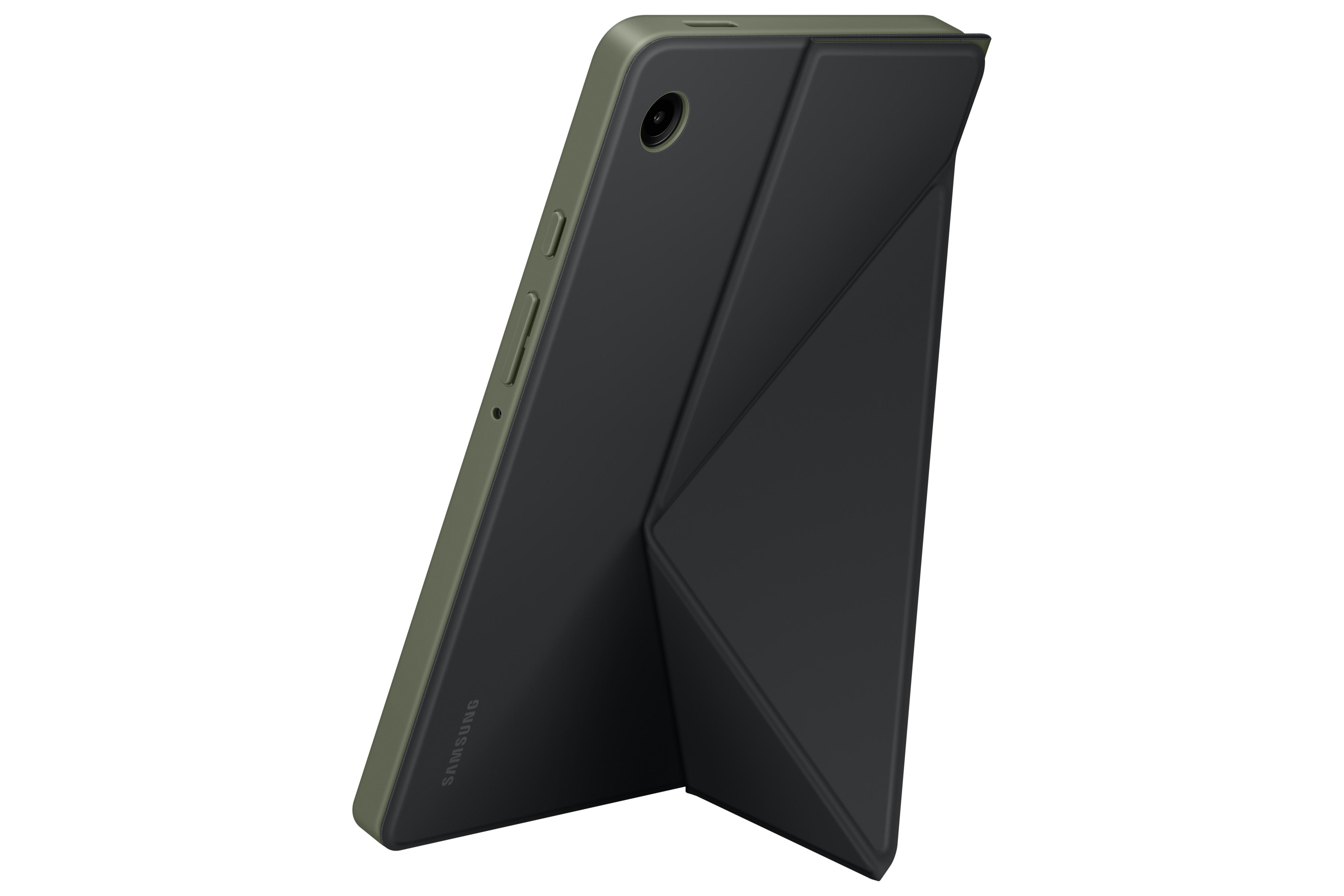 Tablet in einer dunkelgrünen Hülle, aufgestellt. Das Tablet ist zur Kamera gerichtet.