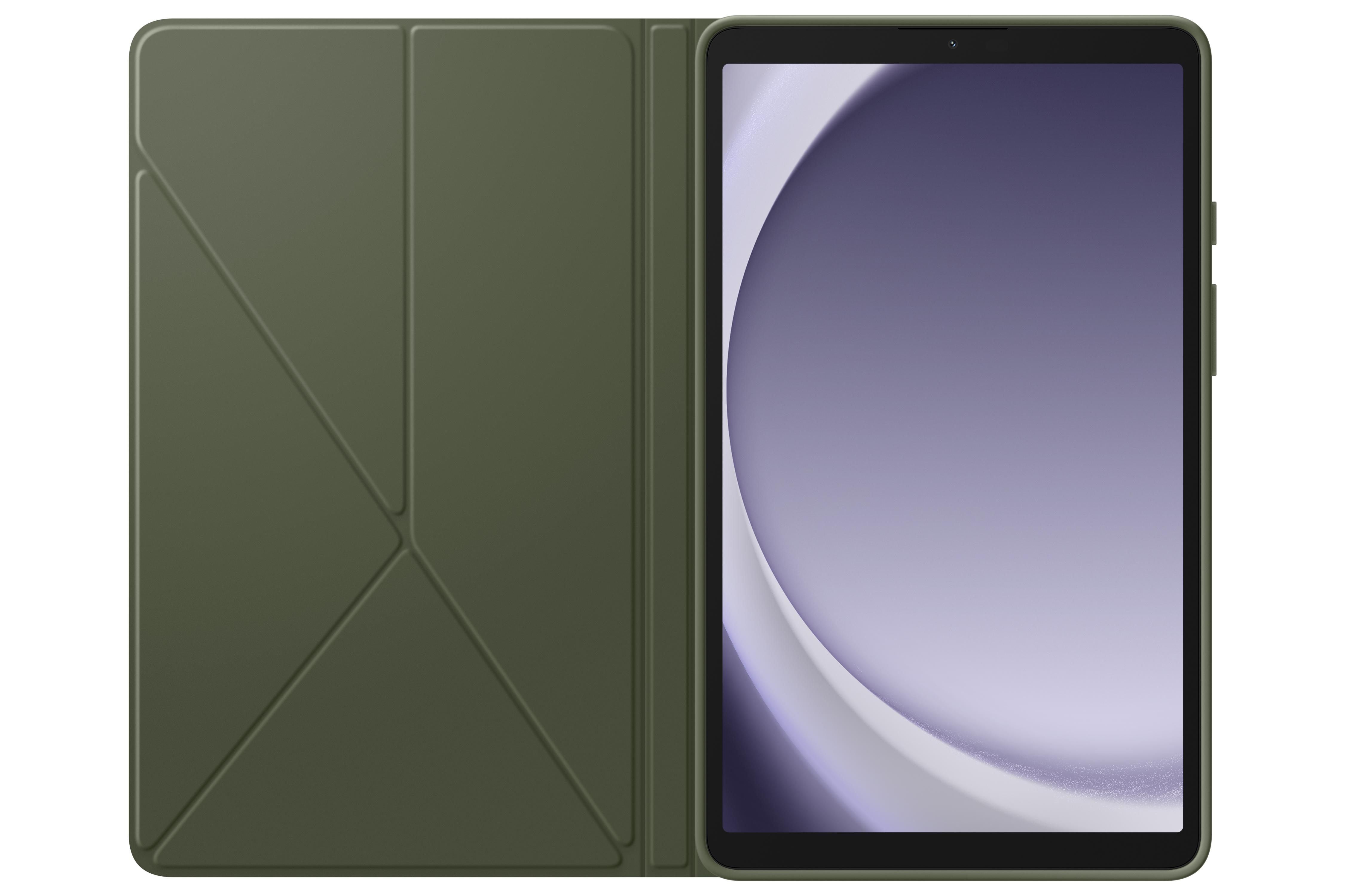 Tablet mit dunkelgrüner Hülle, geöffnet. Der Bildschirm zeigt ein lila und weißes Design.