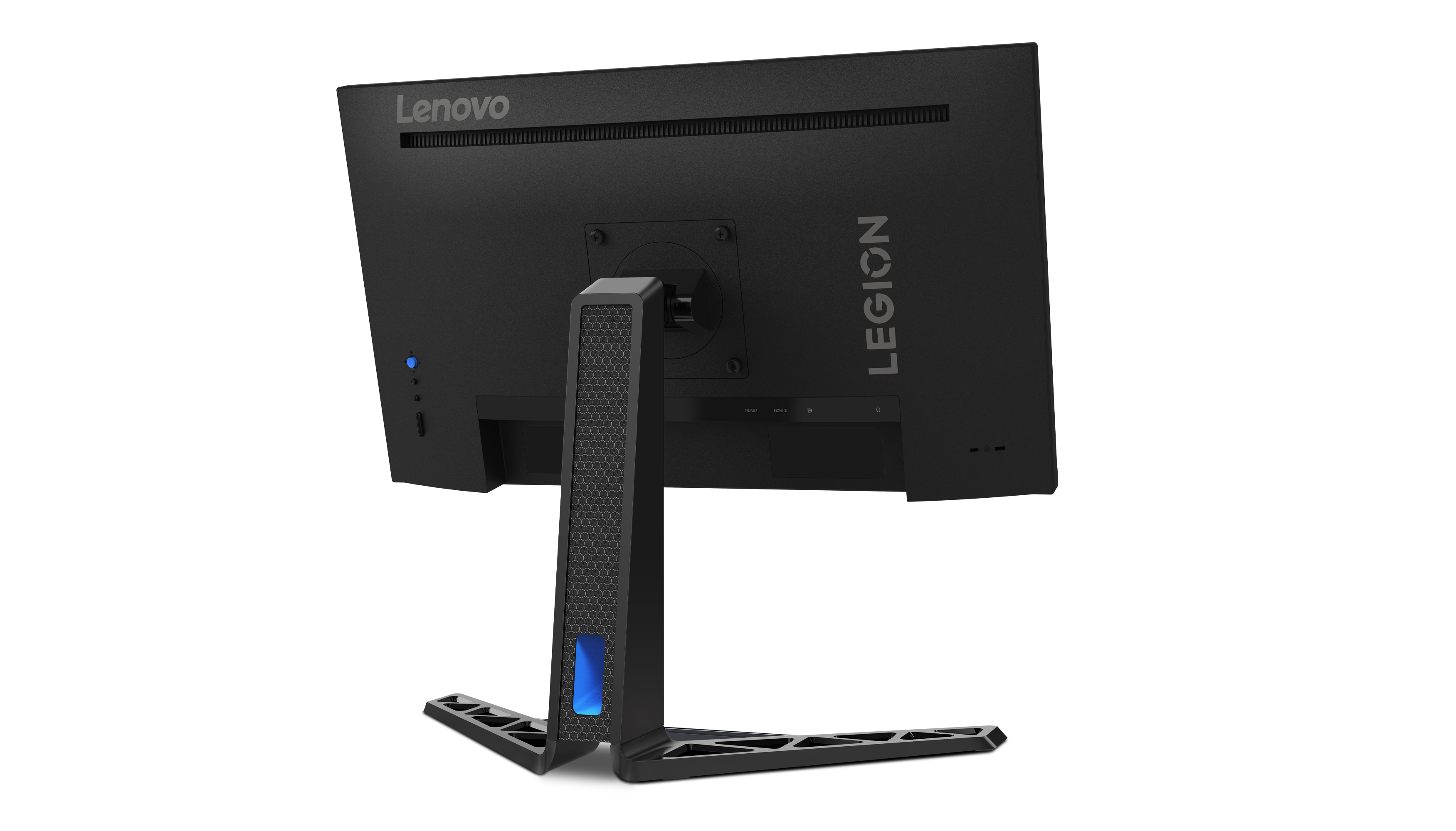 Siyah Lenovo Legion monitör arkadan görünümü, standlı.