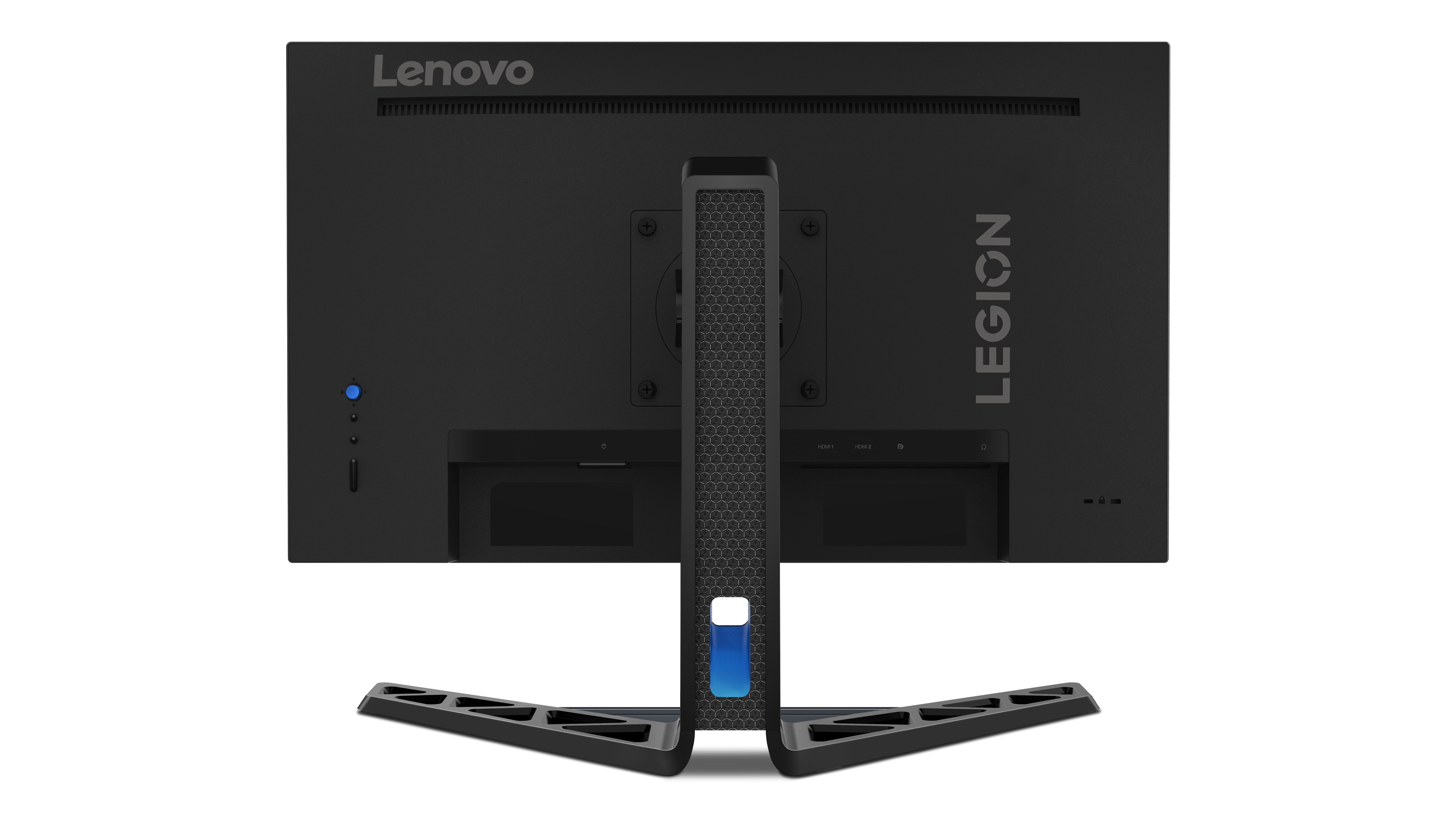 Legion logosu olan siyah bir Lenovo monitörün arkası. Stand gümüş ve siyah bir tasarımdır.