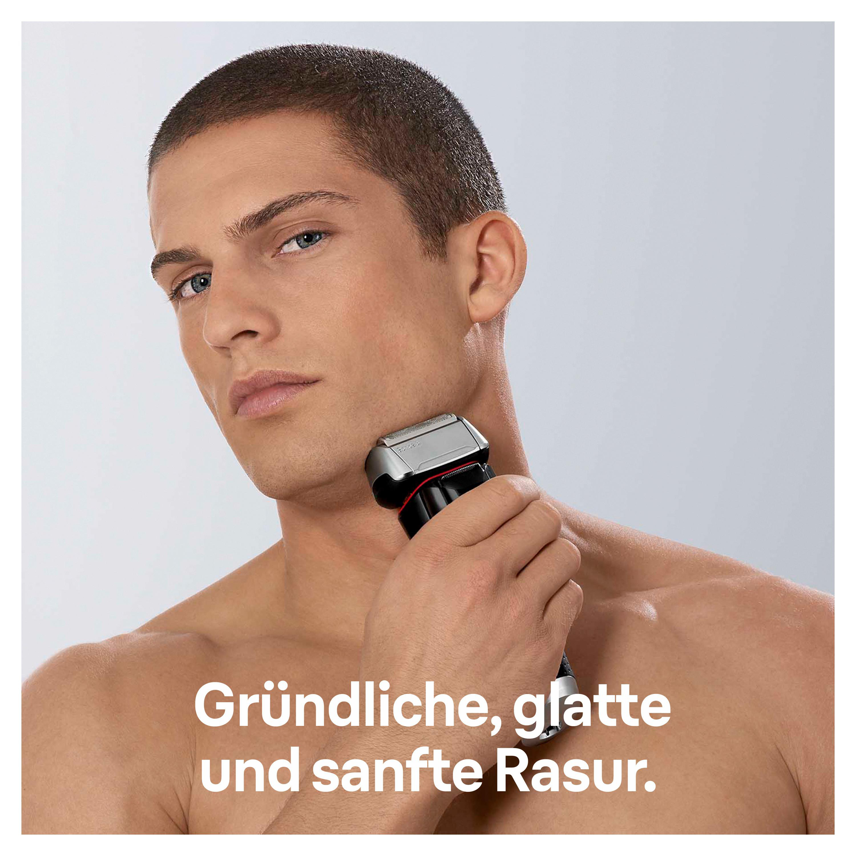 Mann rasiert seinen Hals mit einem schwarz-silbernen Elektrorasierer. Text sagt: 'Gründliche, glatte Rasur'.