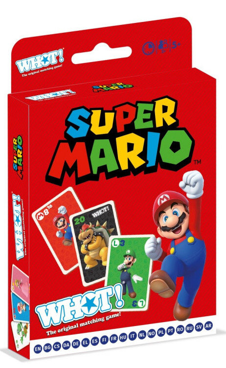 Czerwone pudełko gry Super Mario z kartami i figurką Mario.