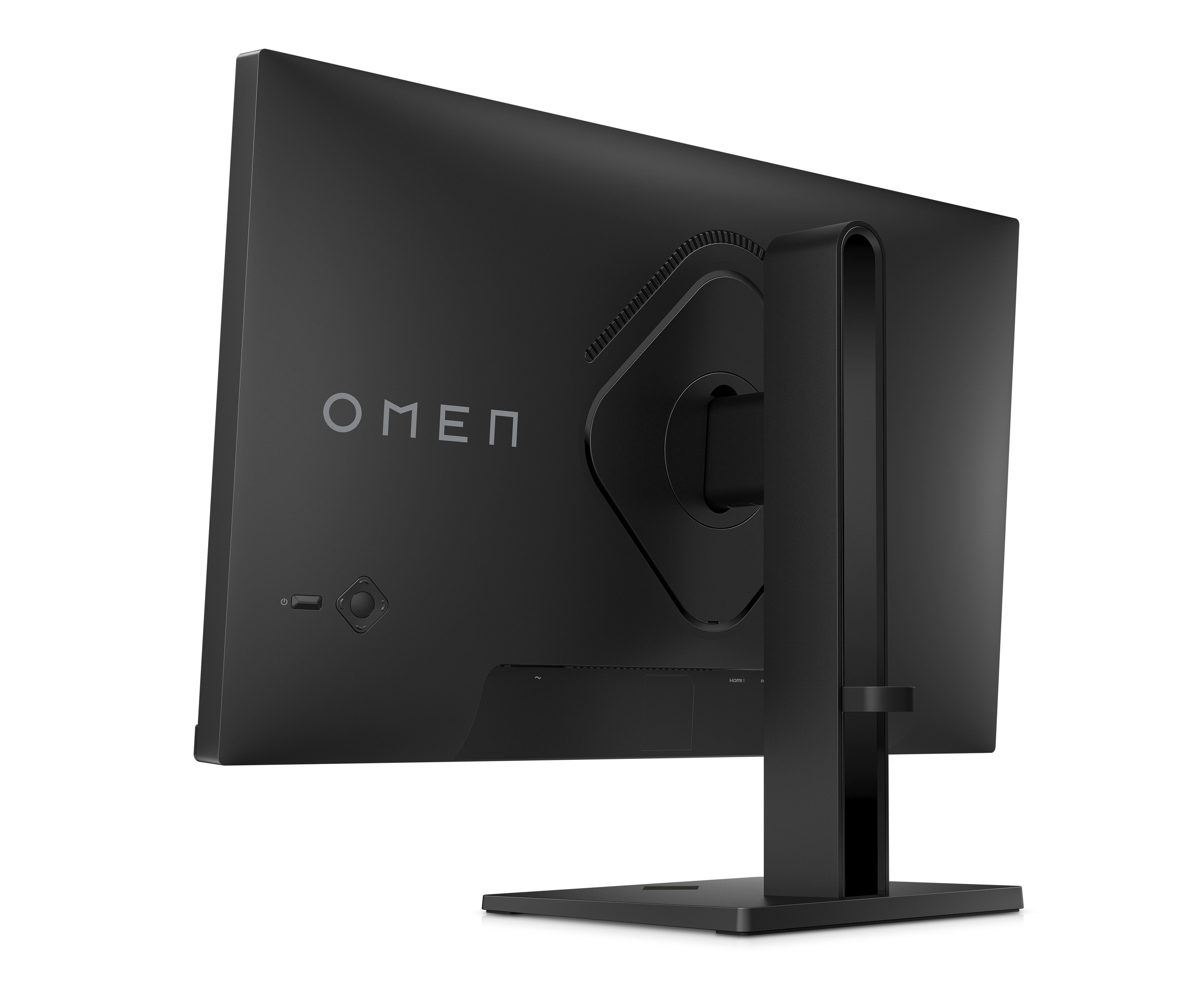 Siyah monitör, arka görünüm. OMEN logosu ve standı var. Bağlantı noktaları altta görülüyor.