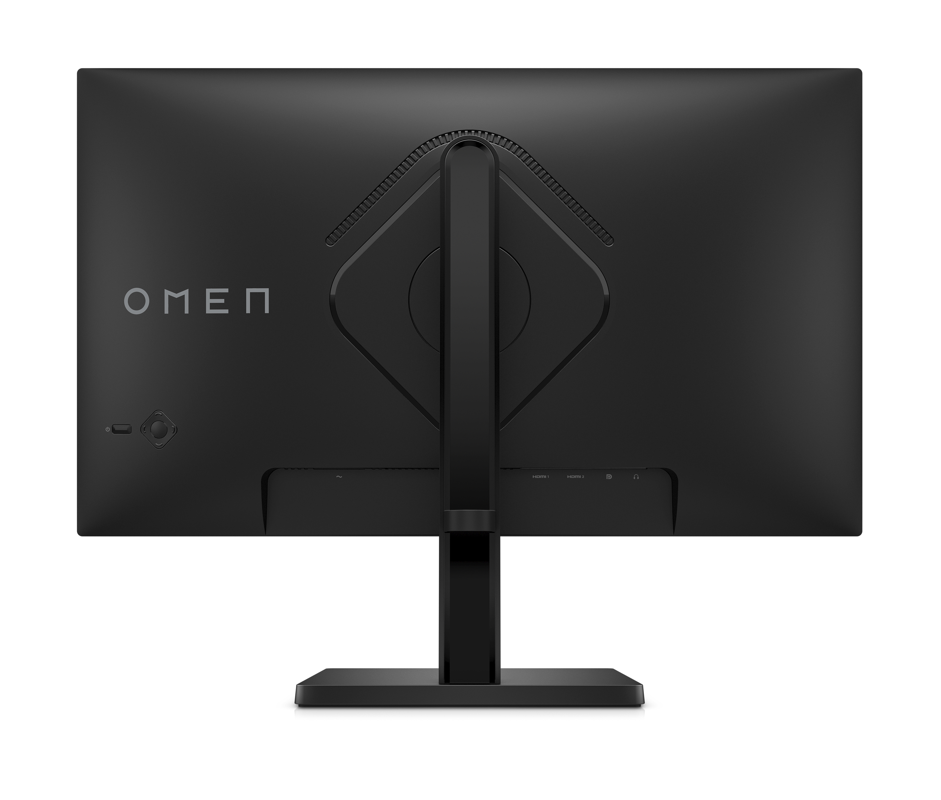 Siyah bir bilgisayar monitörünün arkası, OMEN logosu ve beyaz bir arka plan üzerinde standı.