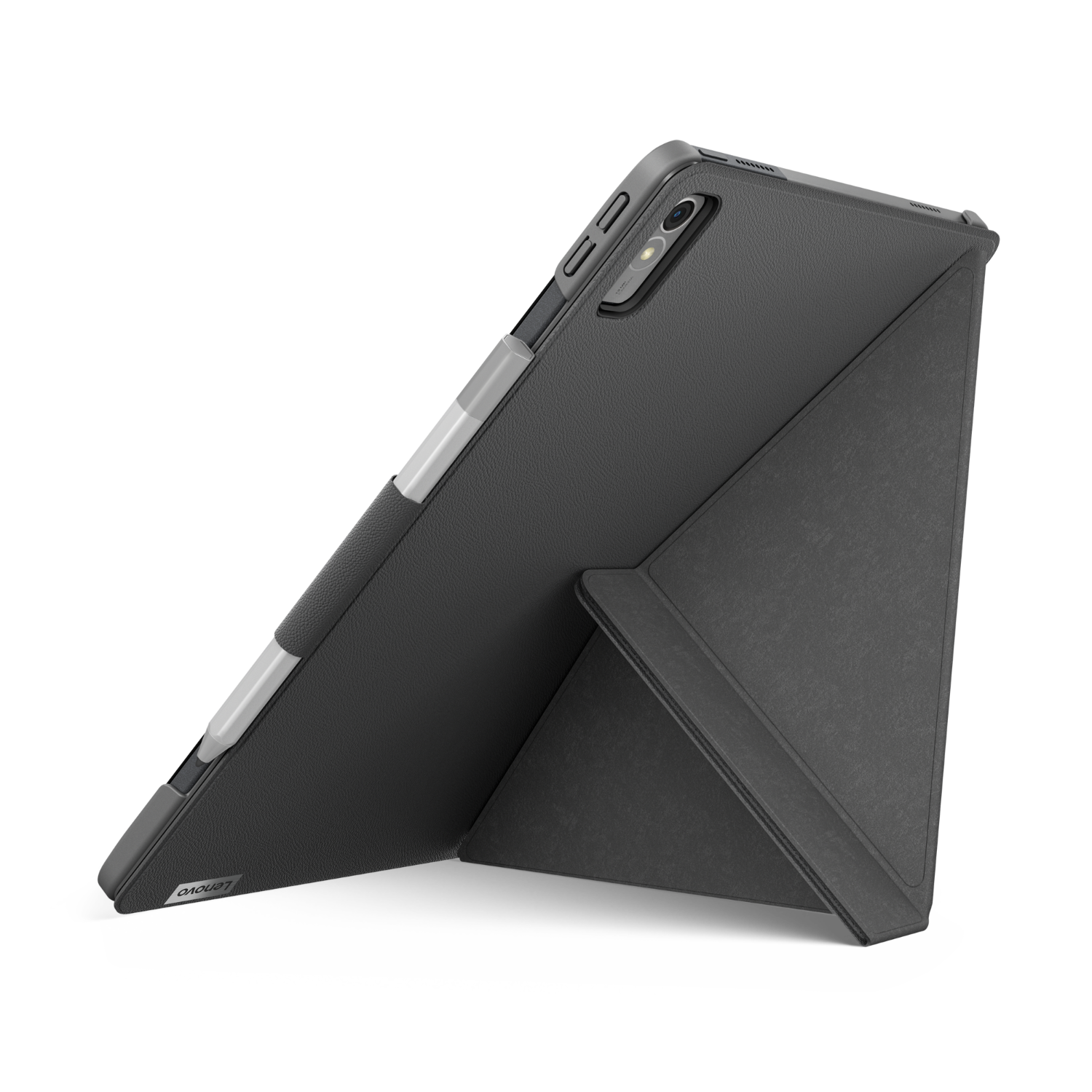 Een tablet in een donkergrijze hoes is schuin geplaatst. Een stylus is zichtbaar aan de zijkant.